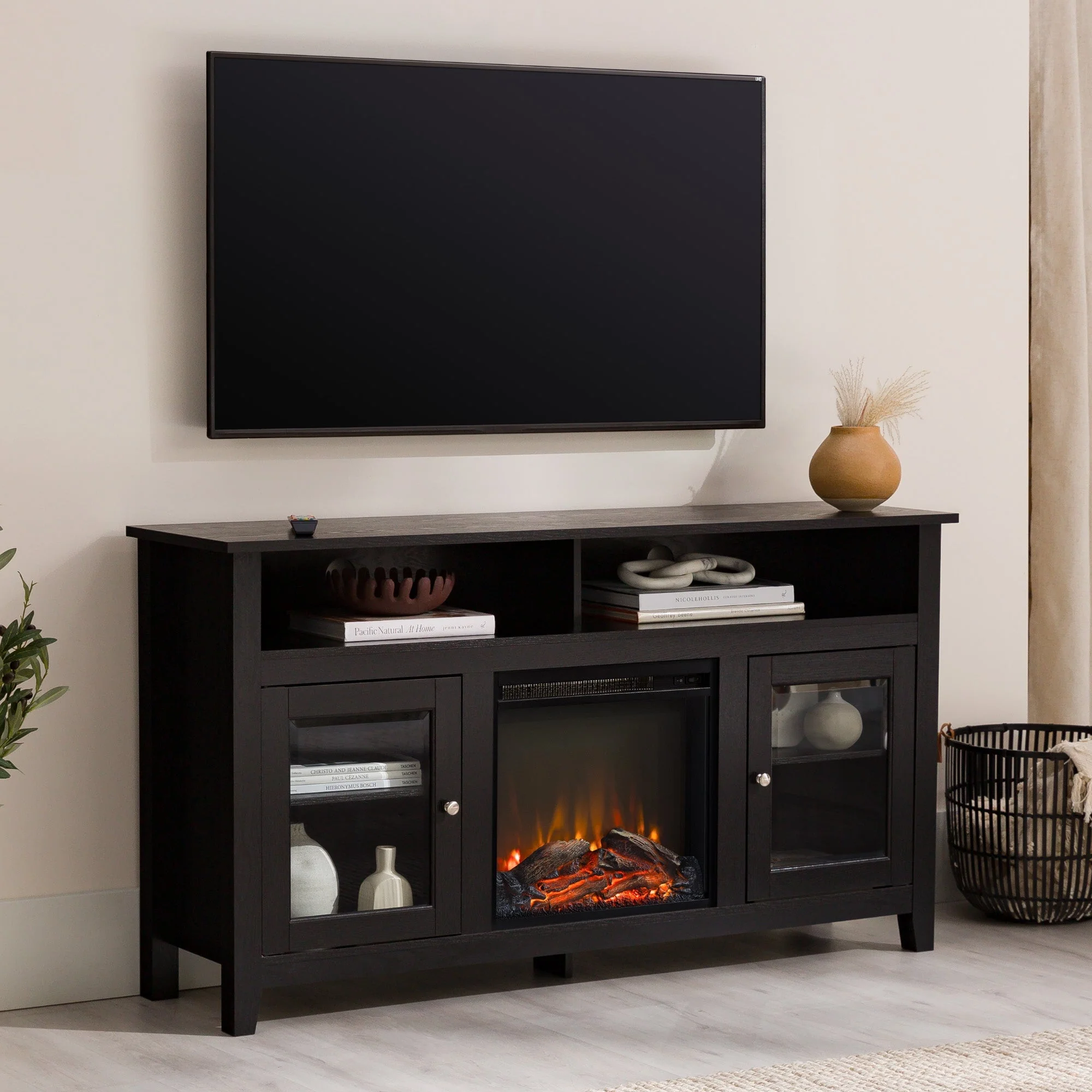 Wasatch 58 Transitional Fireplace Glass Wood TV Stand