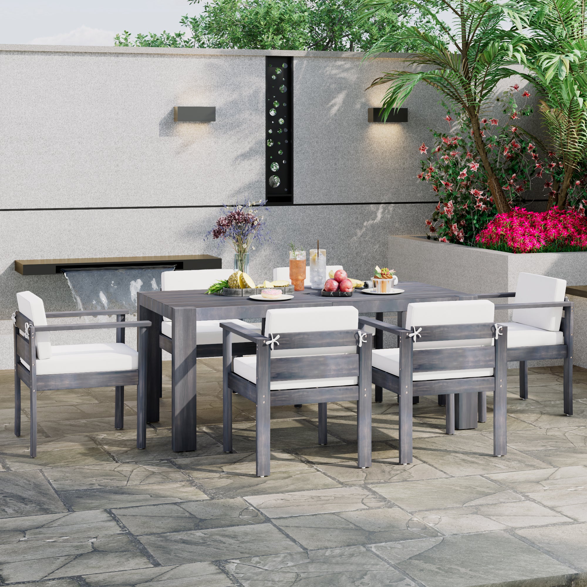 Walker Edison | Grey Wood Outdoor 7-Piece Patio Dining Table Set for 6