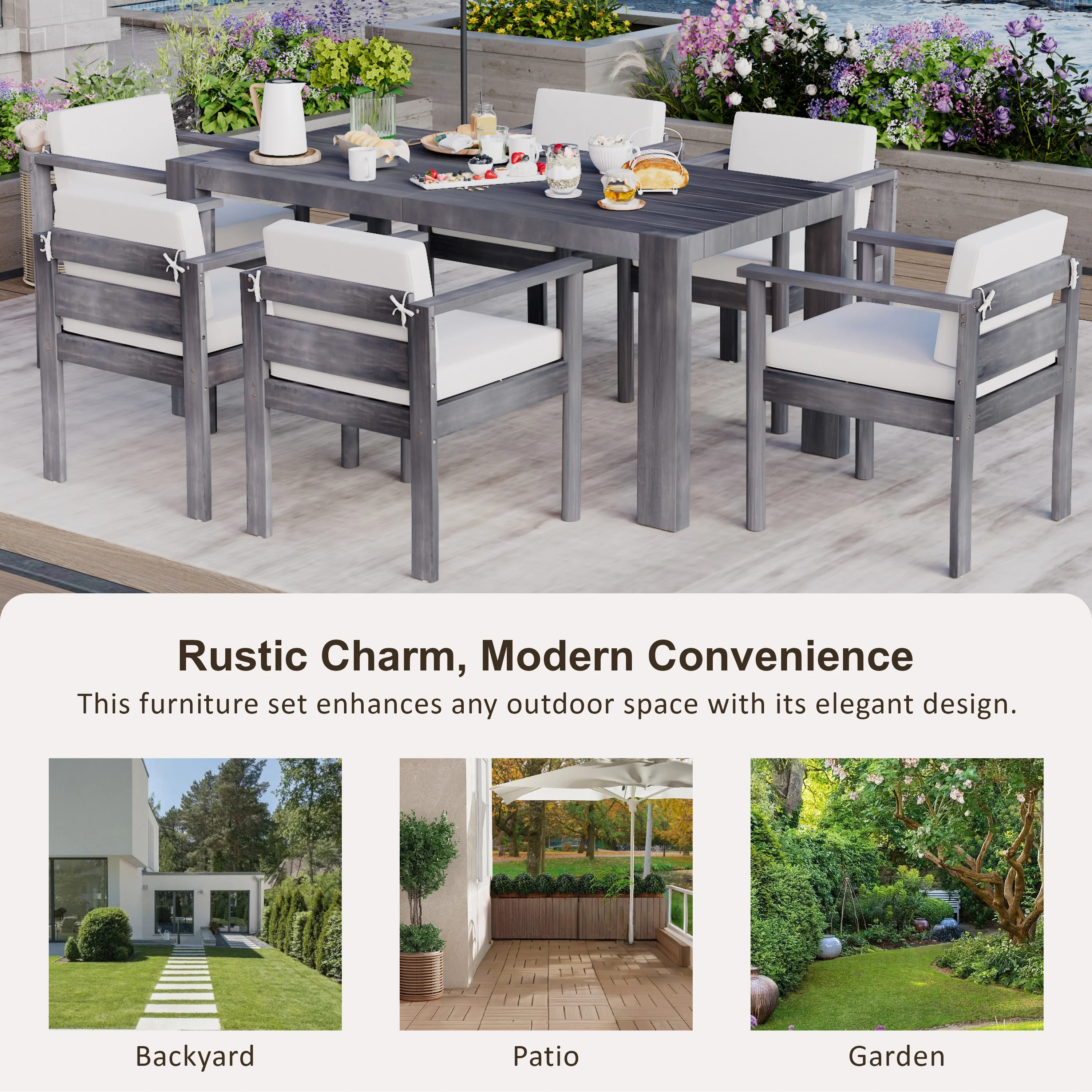 Walker Edison | Grey Wood Outdoor 7-Piece Patio Dining Table Set for 6
