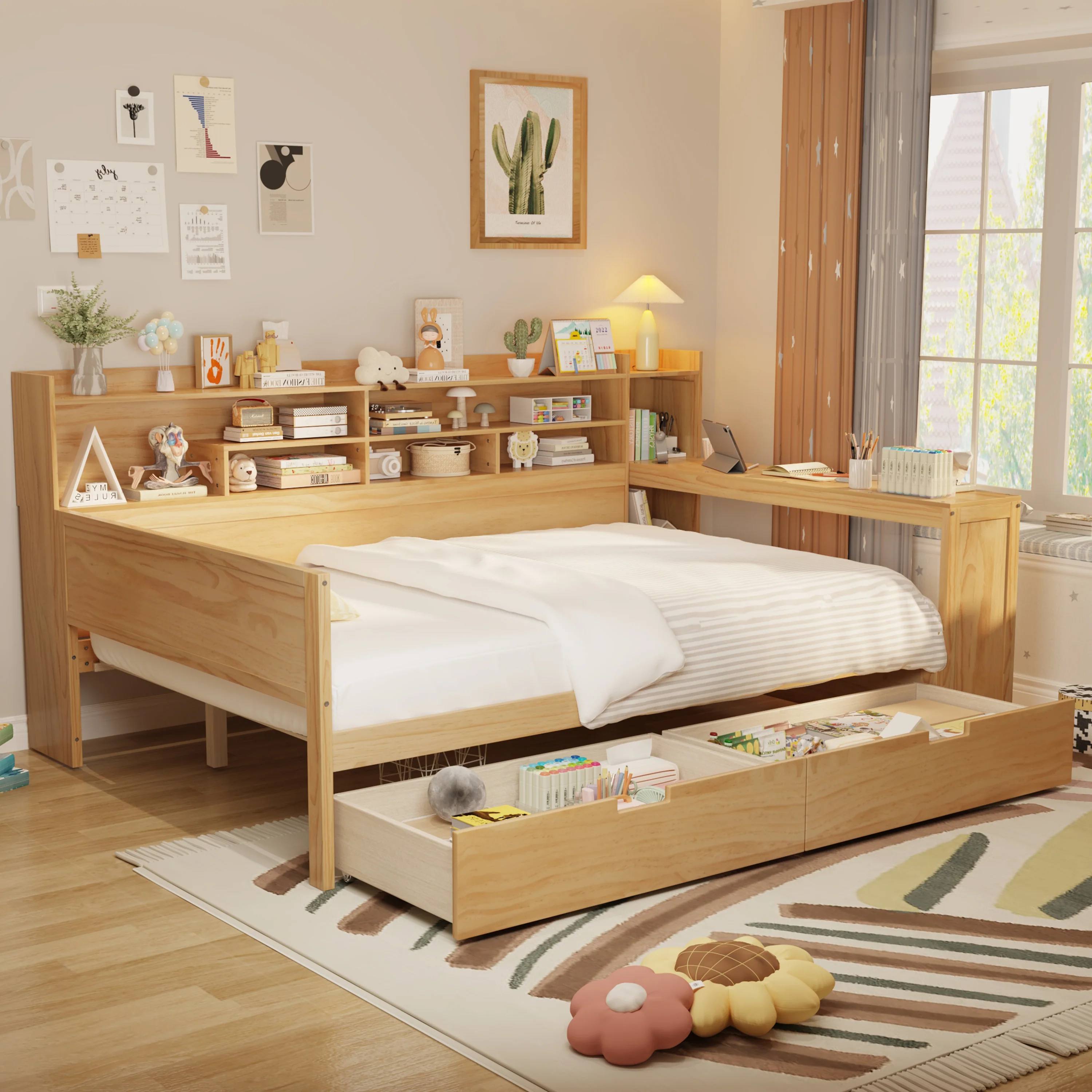 Walker Edison | Multi-functional Wooden Full Size Daybed with Storage Shelves