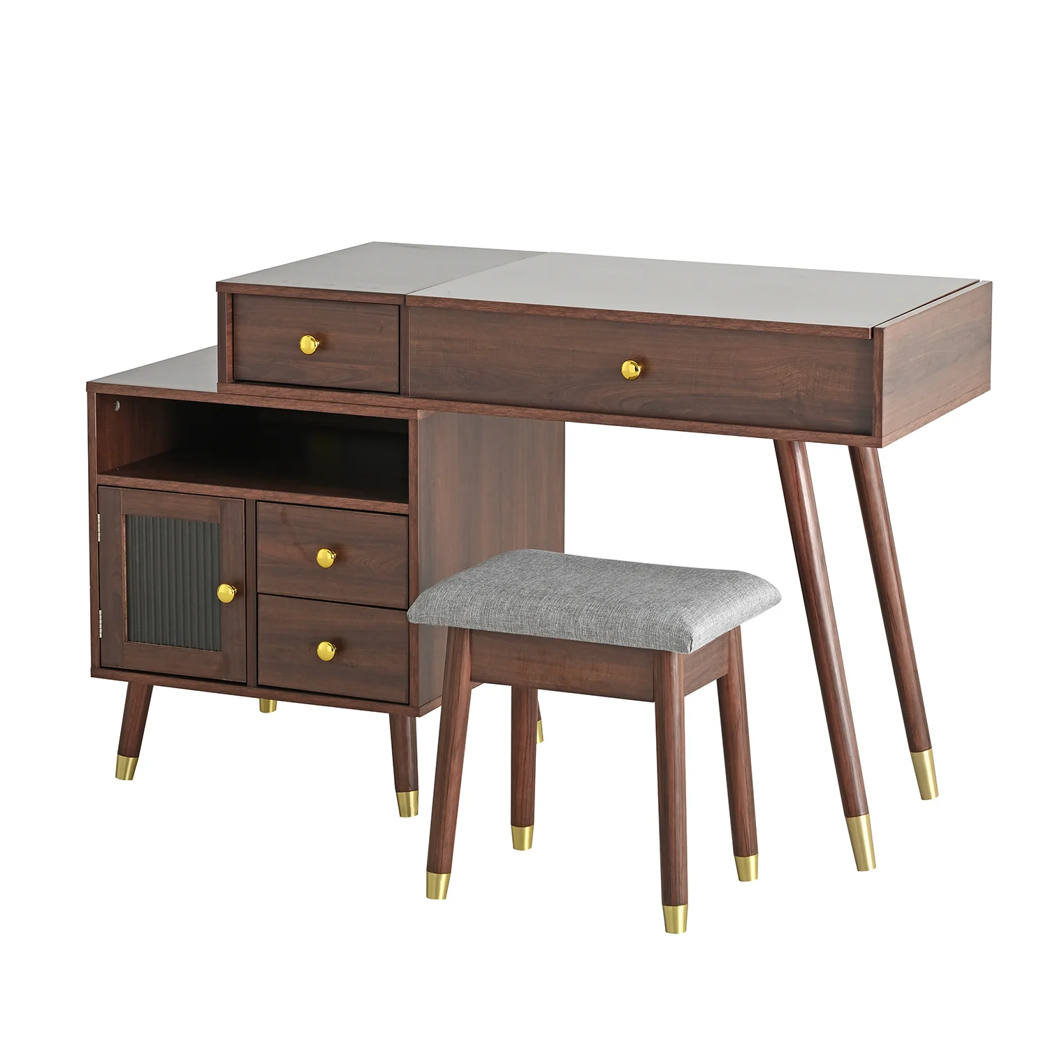 Walker Edison | 3-in-1 Makeup Vanity Desk with Lighted Flip-Top Mirror and Stool