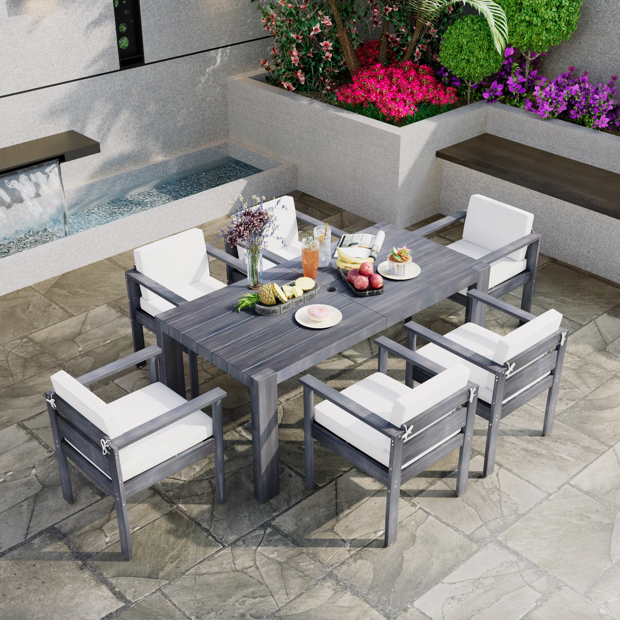 Walker Edison | Grey Wood Outdoor 7-Piece Patio Dining Table Set for 6