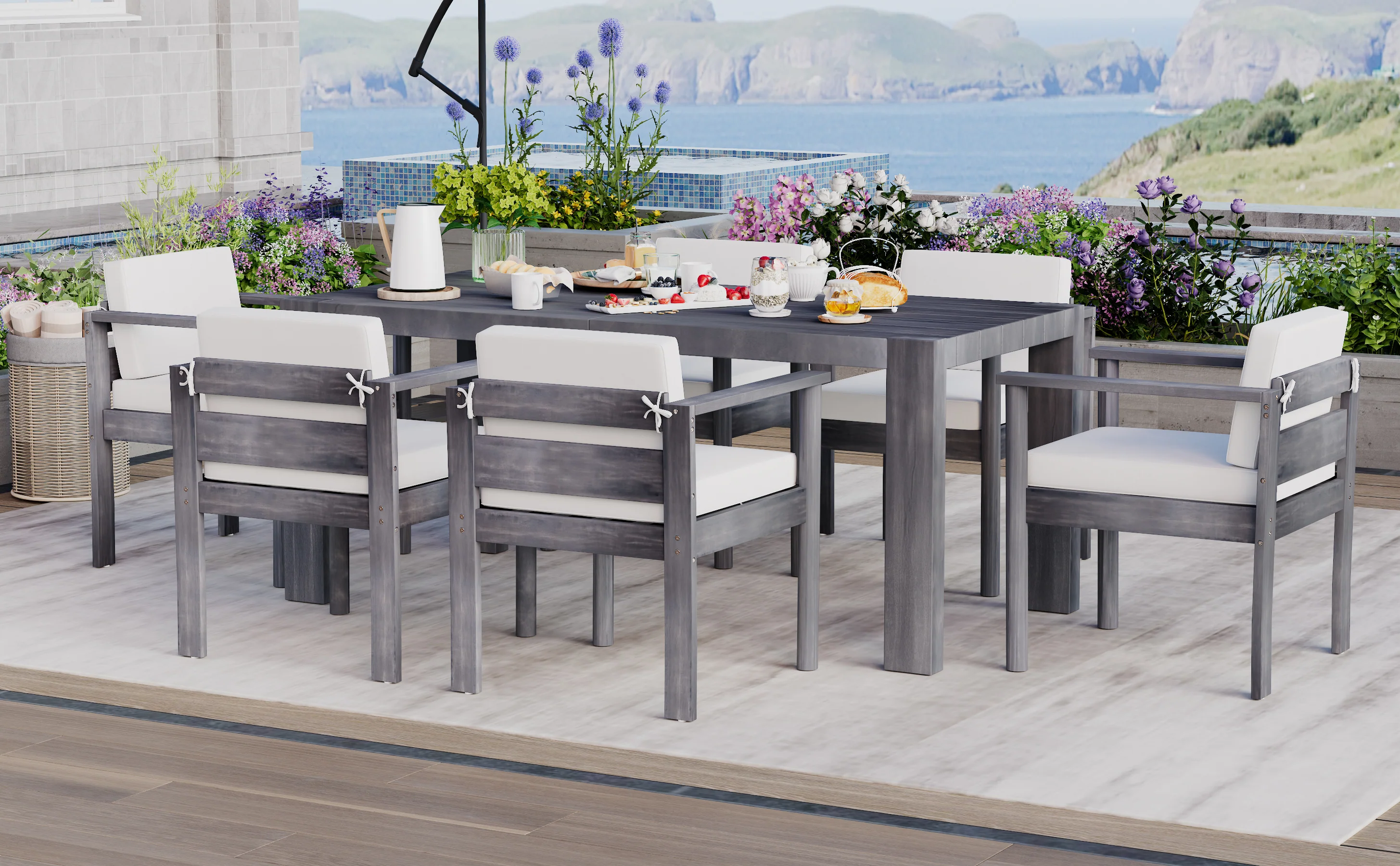 Walker Edison | Grey Wood Outdoor 7-Piece Patio Dining Table Set for 6