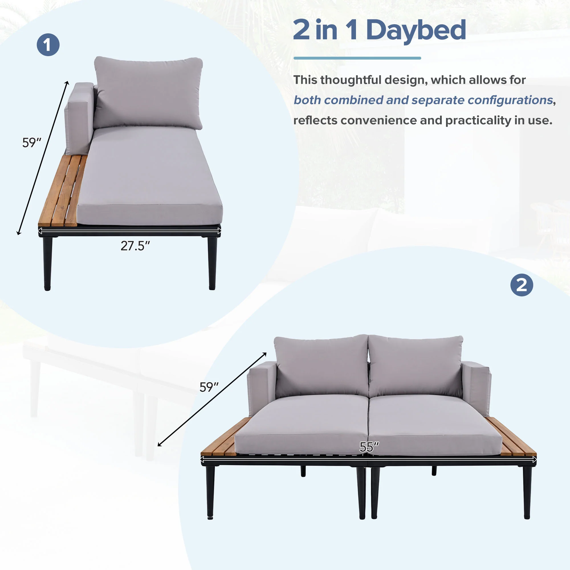 Walker Edison | Modern Outdoor Patio Daybed with Wood Topped Side Tables