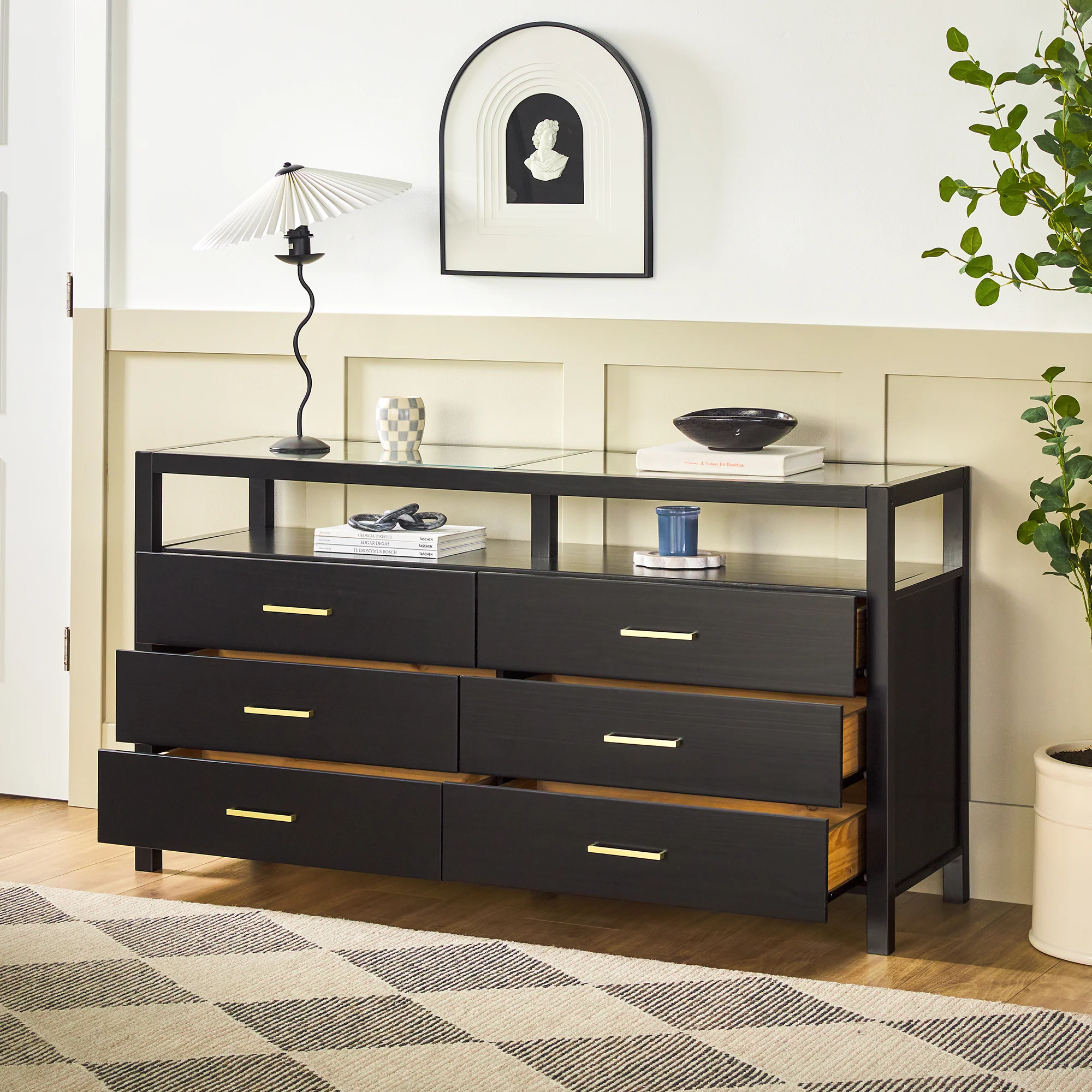 Isla Modern Easy Assembly Solid Wood 6-Drawer Dresser with Glass Top