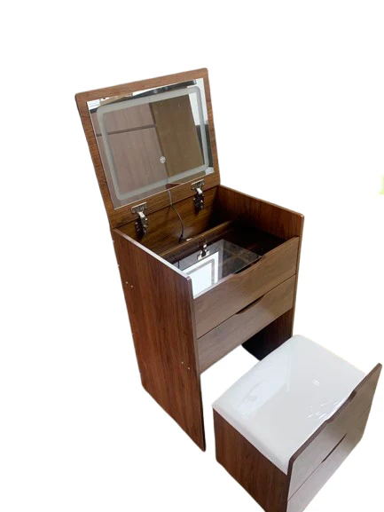 Walker Edison | Walnut 3 in 1 Vanity Desk with Flip Top Mirror & Cushioned Stool