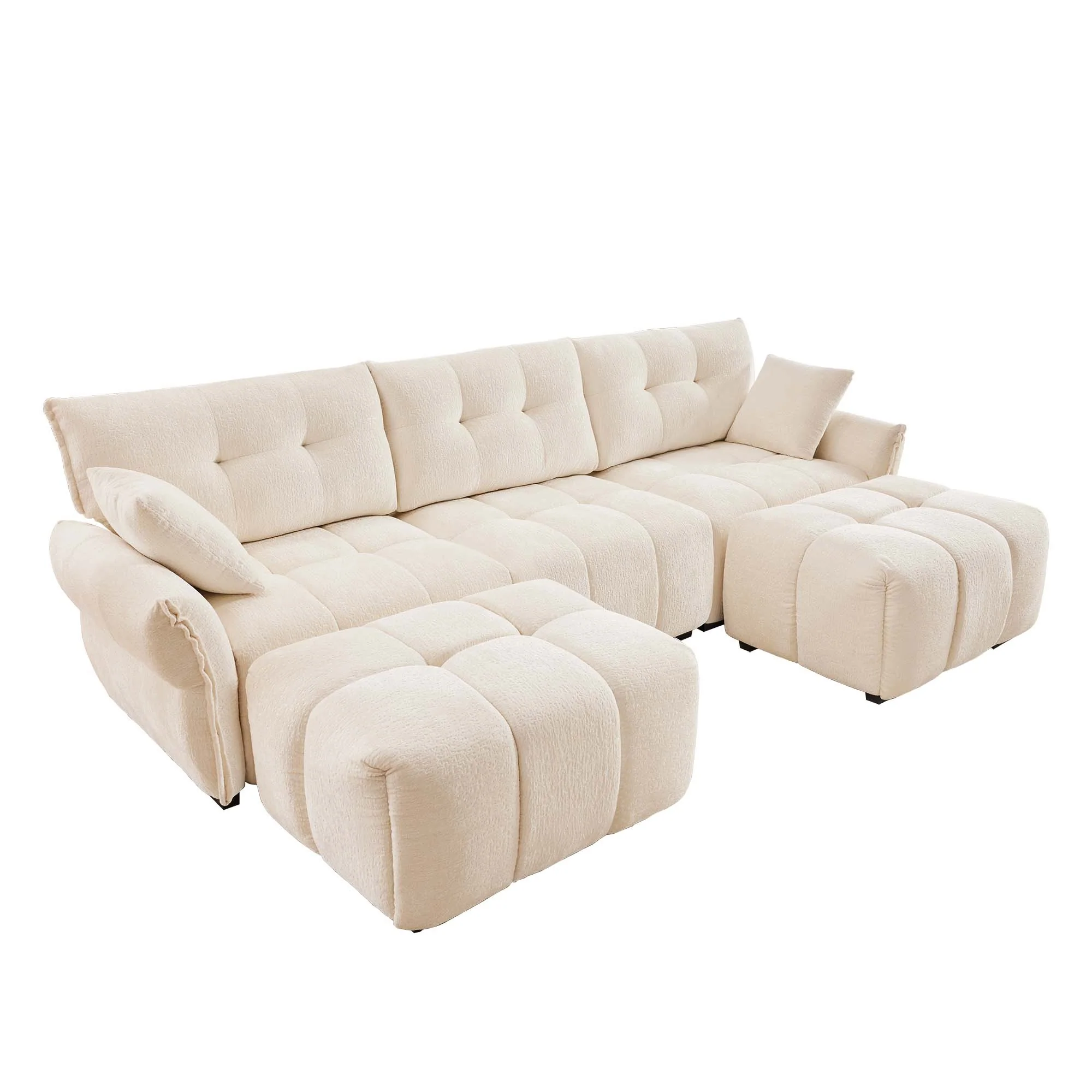 Walker Edison | Chenille Tufted 3 Seater Sofa Set With Ottoman And Throw Pillows