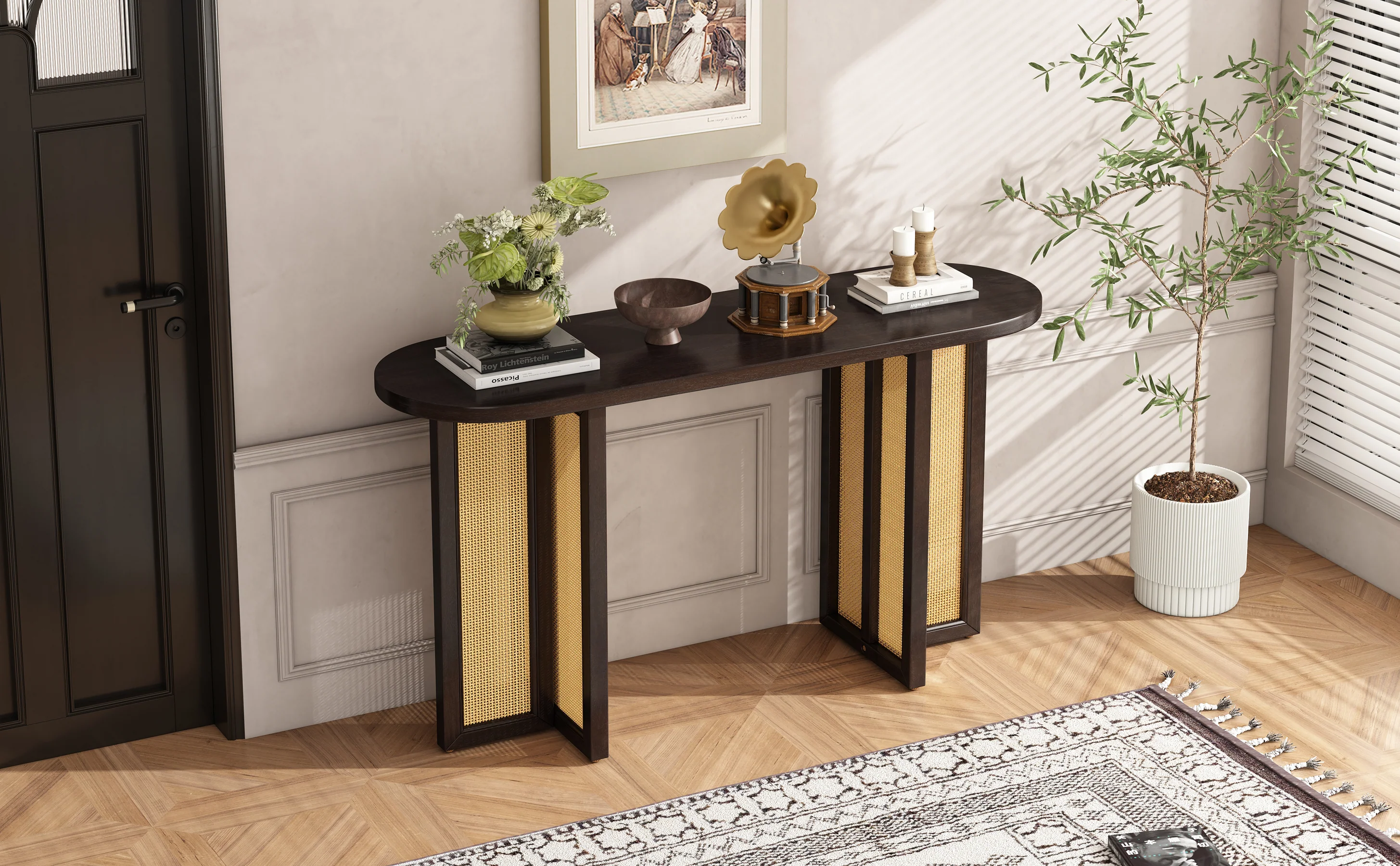 Walker Edison | Farmhouse Rattan Console Table Entryway Table