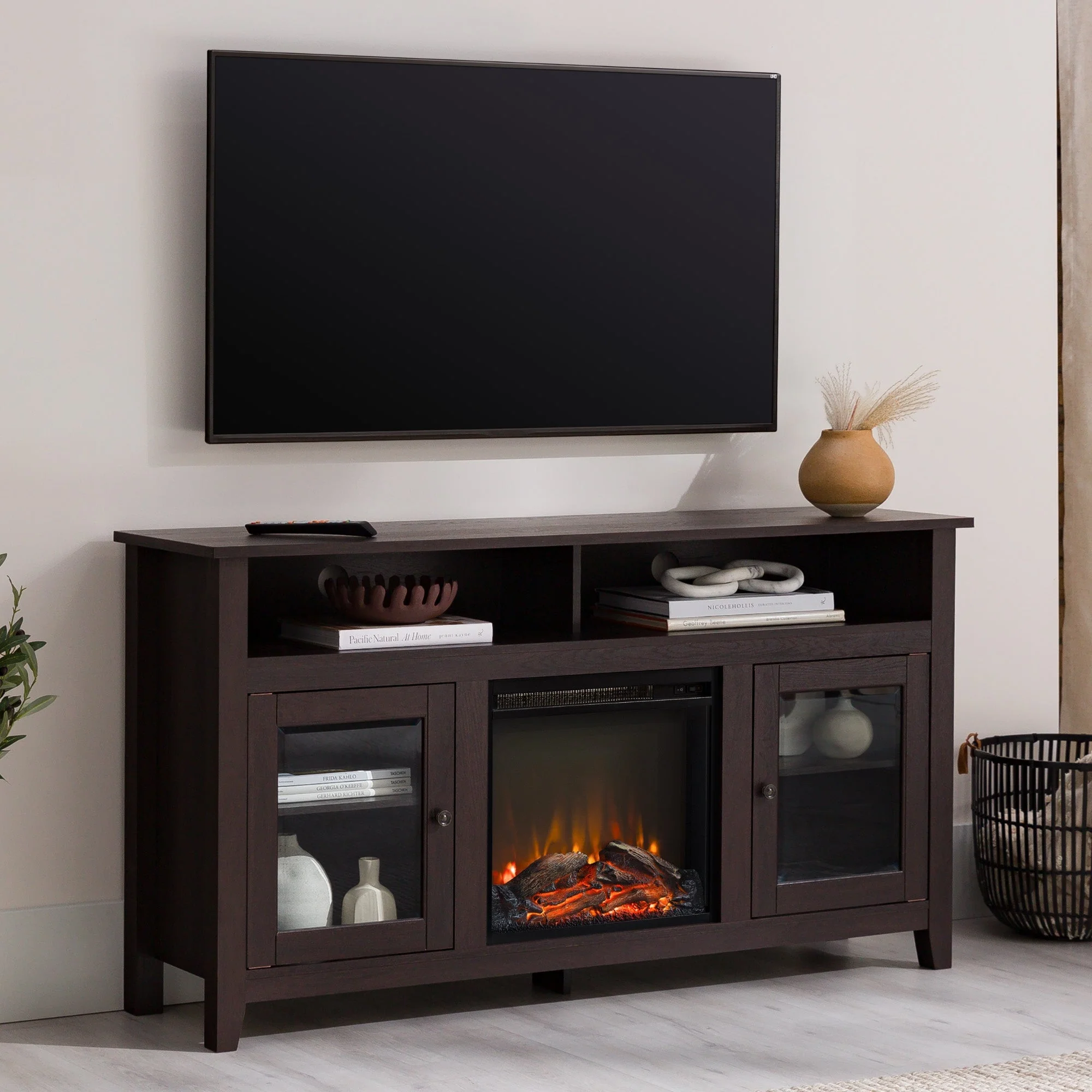 Wasatch 58 Transitional Fireplace Glass Wood TV Stand