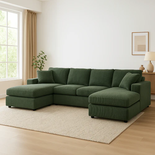 Walker Edison | Coastal Green Corduroy Double-Chaise Cloud Sectional Sofa