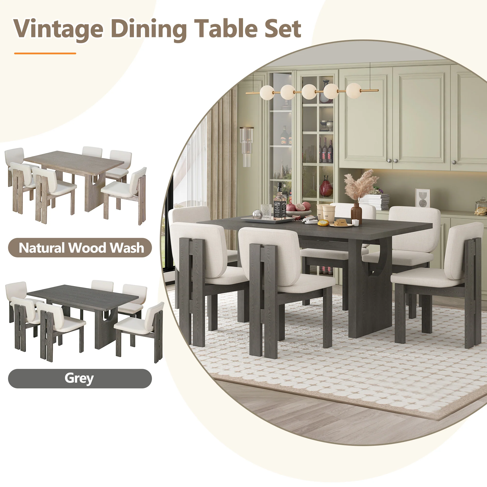 Walker Edison | 60' Wood 7-Piece Retro Dining Table Set for 6 with Upholstered Chairs