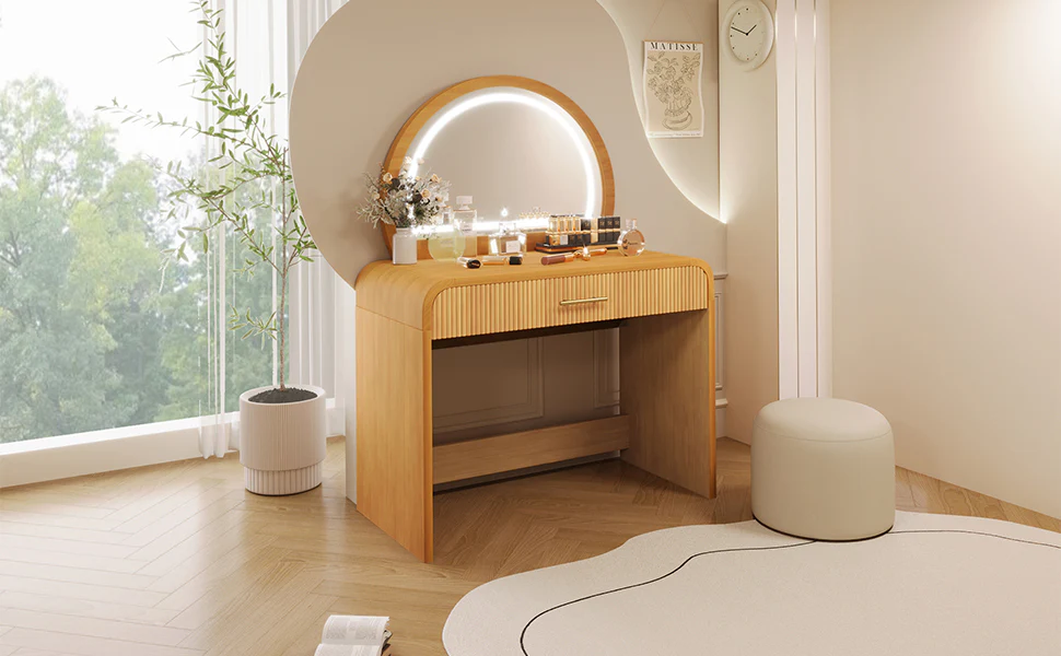 Walker Edison | Natural Reeded Curve Design Makeup Vanity Desk with Mirror