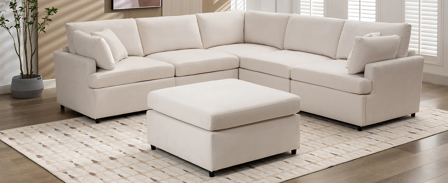 Walker Edison | Classic Modern Modular Sectional Sofa with Ottoman