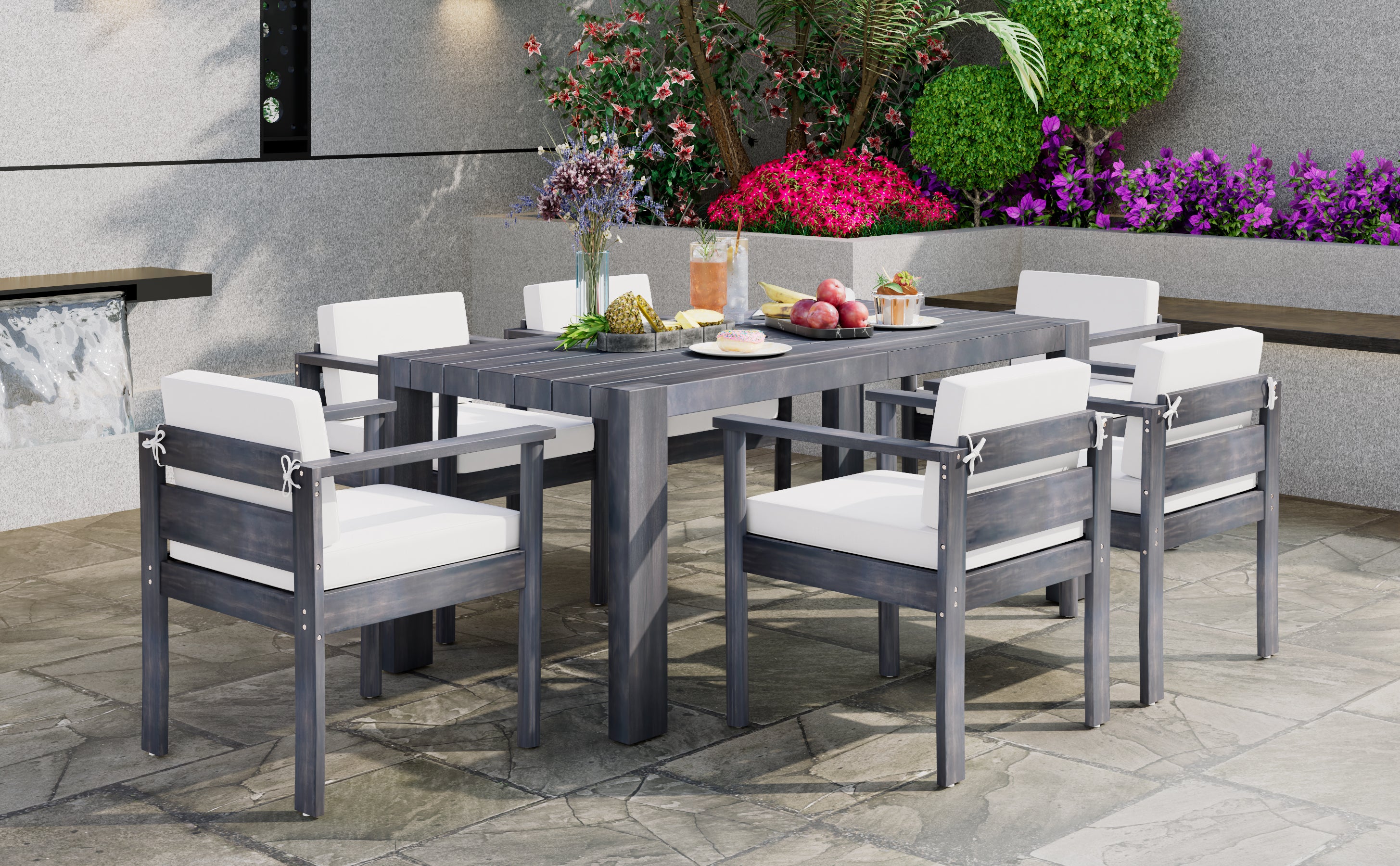 Walker Edison | Grey Wood Outdoor 7-Piece Patio Dining Table Set for 6
