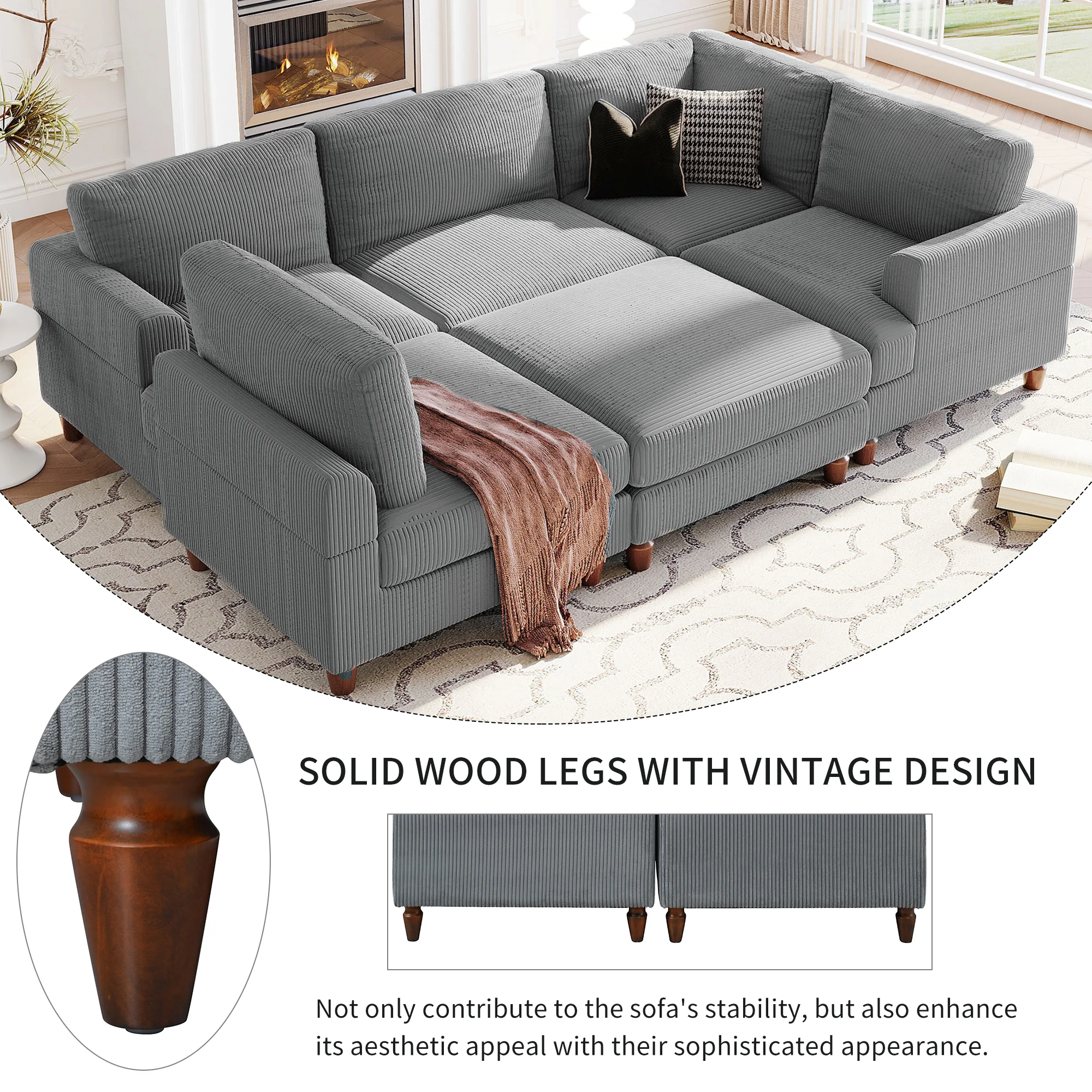 Walker Edison | Corduroy Modular Sectional Sofa with Ottoman