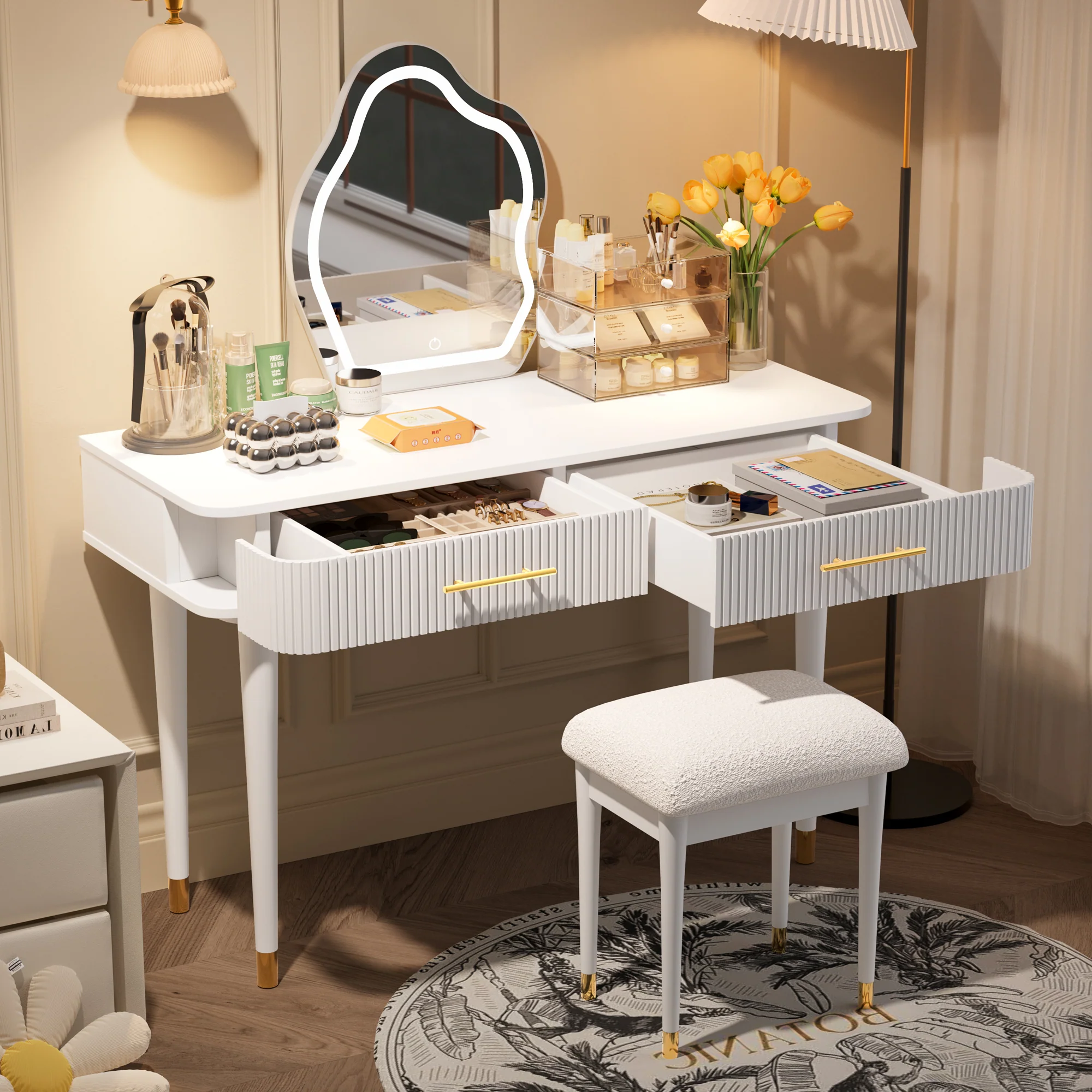 Walker Edison | Modern Vanity Table Set with Cloud Shape Touch Screen Lighted Mirror