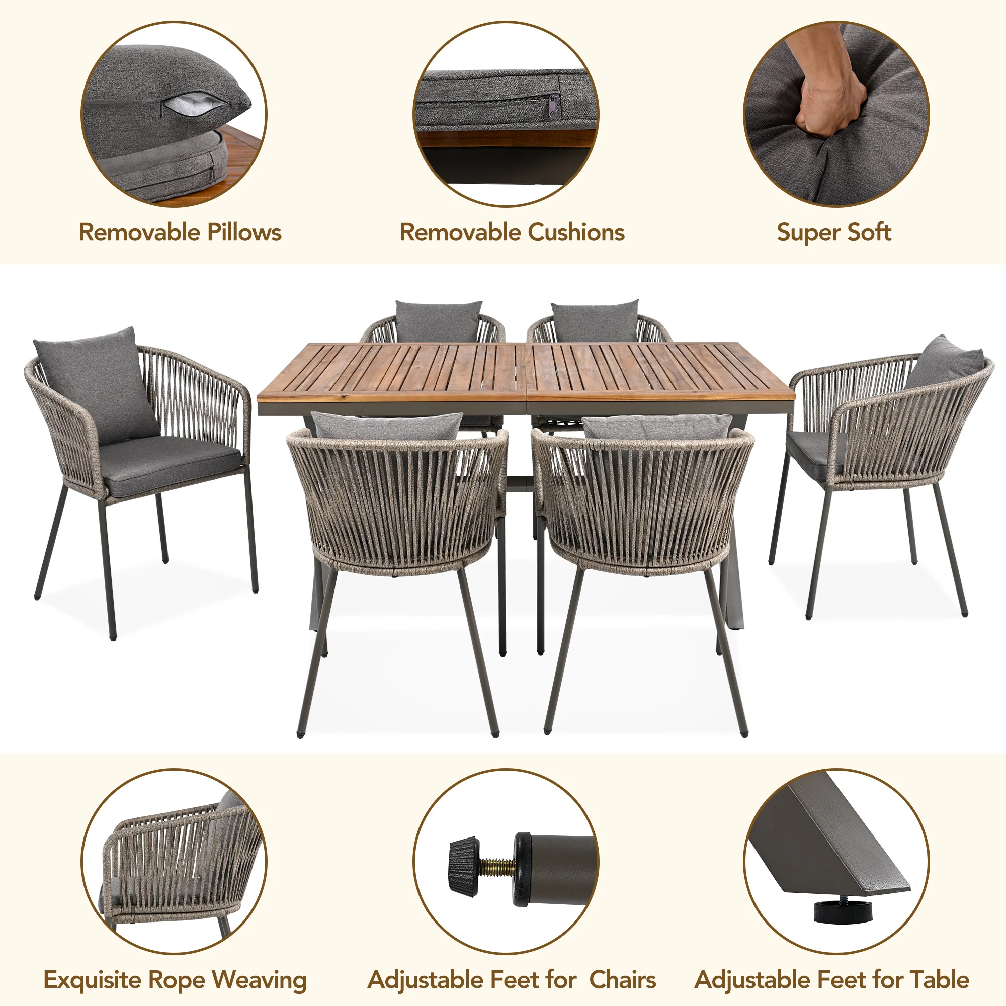 Walker Edison | Rope Modern Design 7 Piece Patio Dining Set