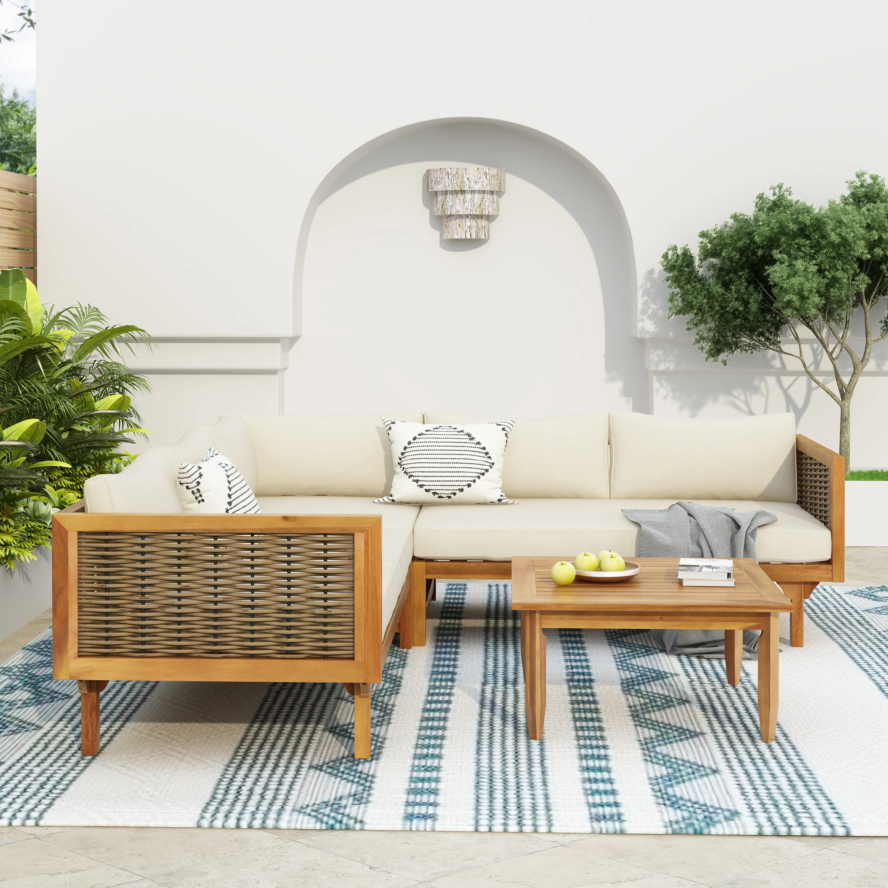 Walker Edison | Acacia Wood Sectional Sofa with Coffee Table