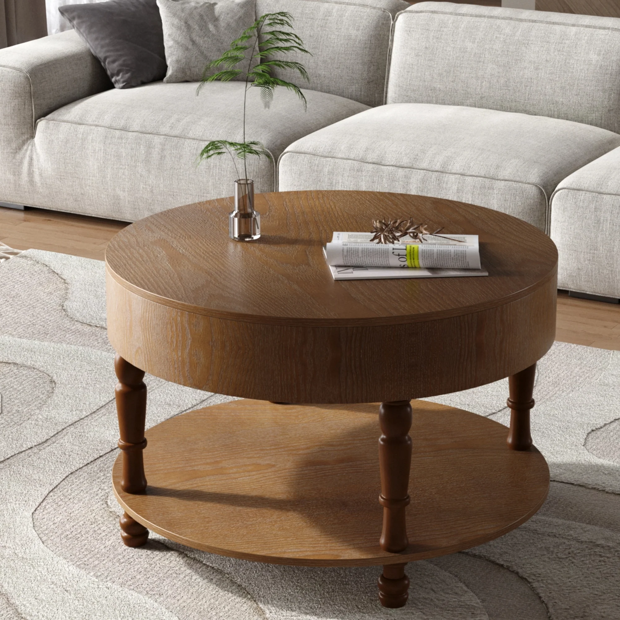 Walker Edison | Elevated Traditional 31.5' Round Coffee Table with Dual Storage