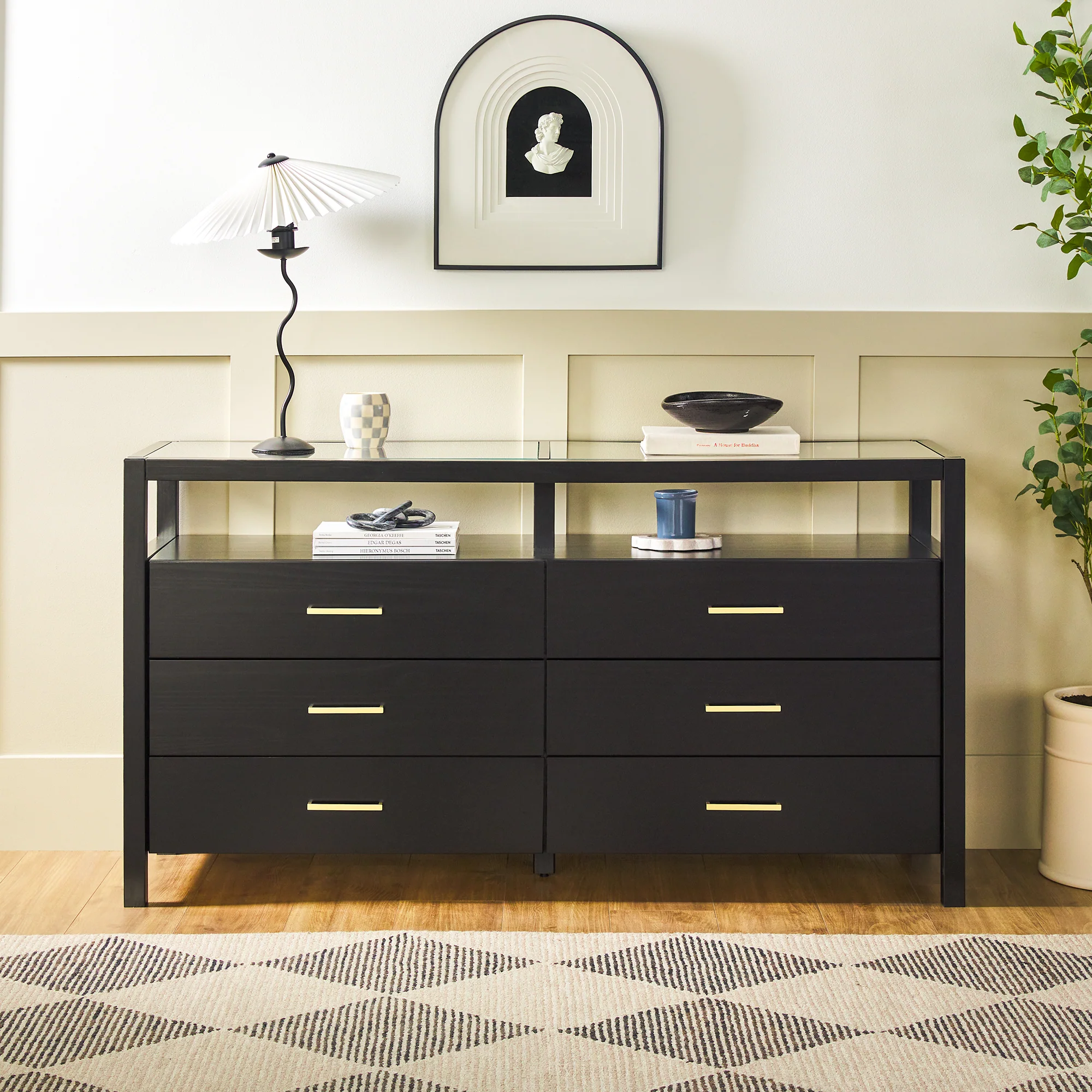 Isla Modern Easy Assembly Solid Wood 6-Drawer Dresser with Glass Top