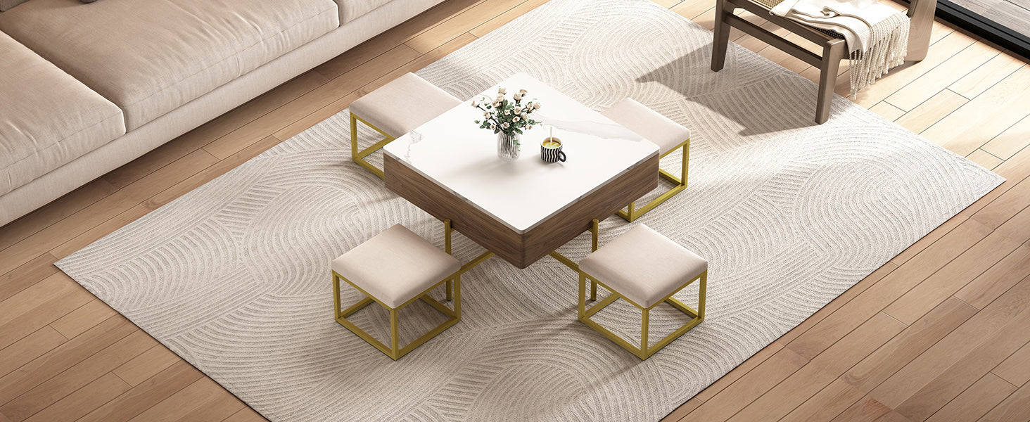 Walker Edison | Modern Square Lift-Top Coffee Table Set with 4 Ottomans