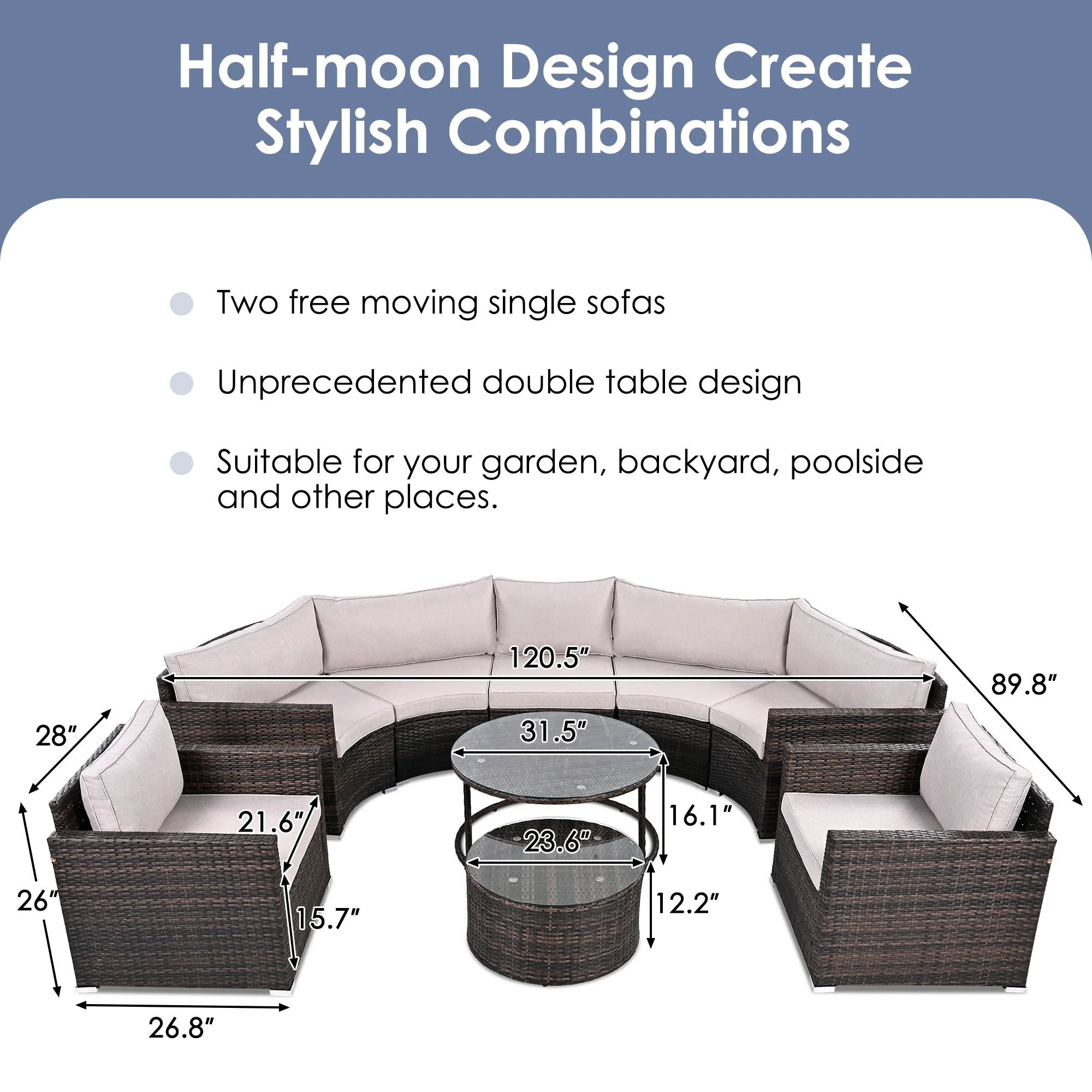 Walker Edison | Half Moon 9-Piece Wicker Outdoor Patio Sofa Set