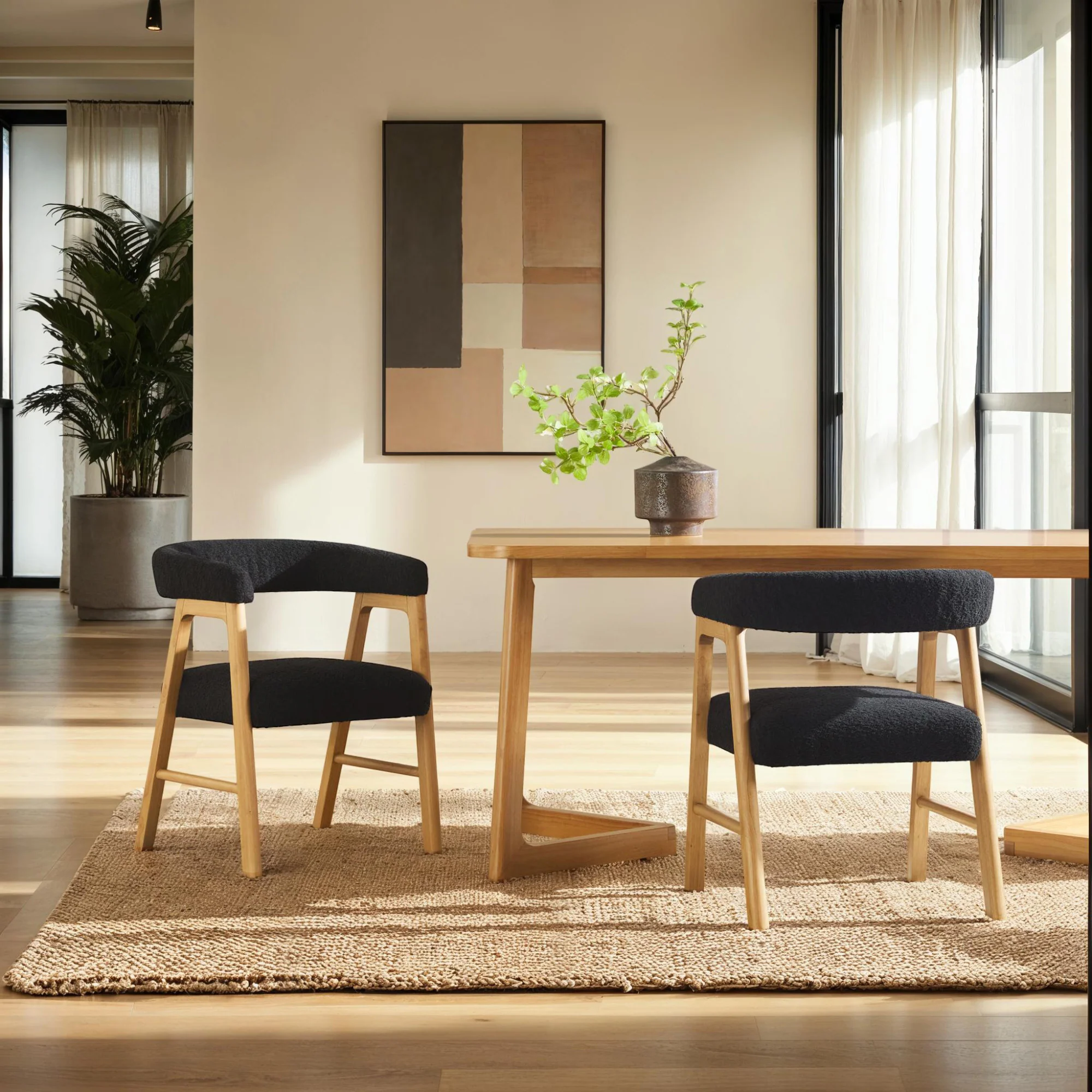 Ezra Modern Solid Wood Dining Chair with Boucle Upholstery (Set of 2)