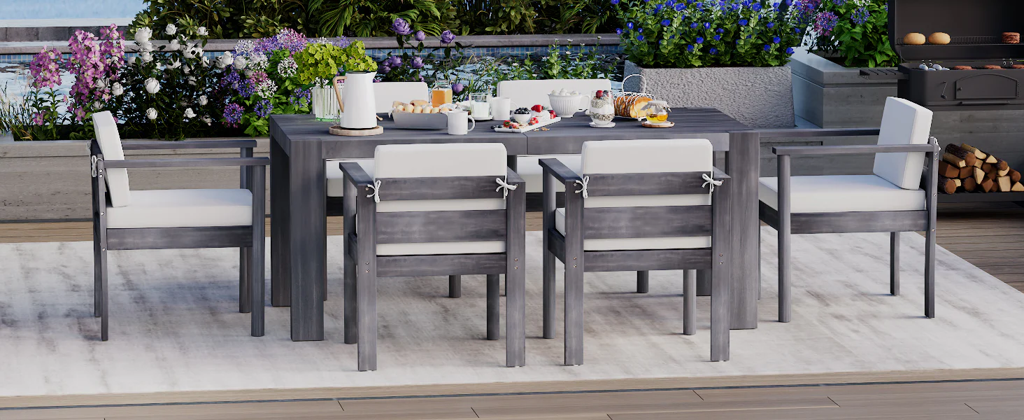 Walker Edison | Grey Wood Outdoor 7-Piece Patio Dining Table Set for 6