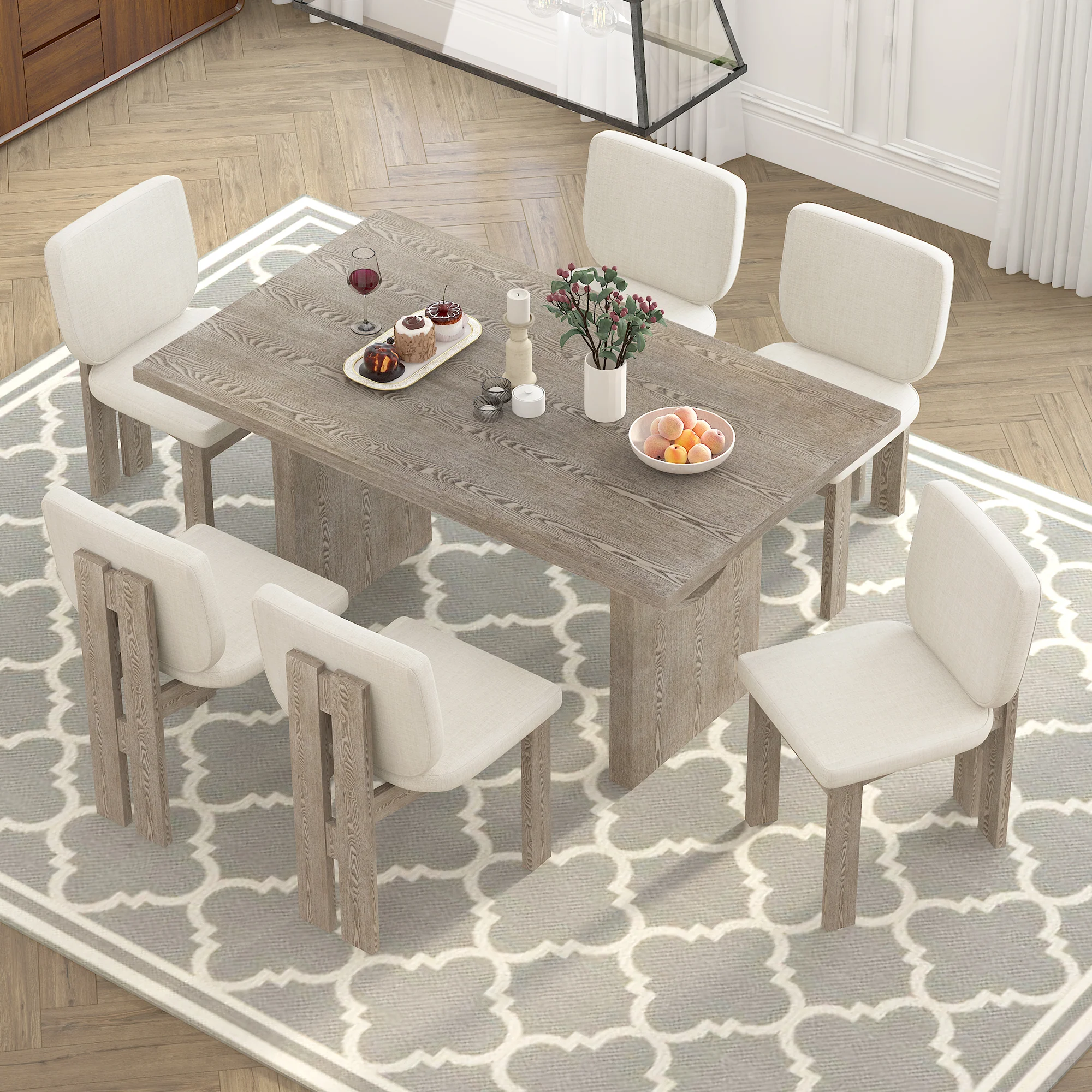Walker Edison | Natural Wood Wash 7-Piece Retro Dining Set with 6 Upholstered Chairs