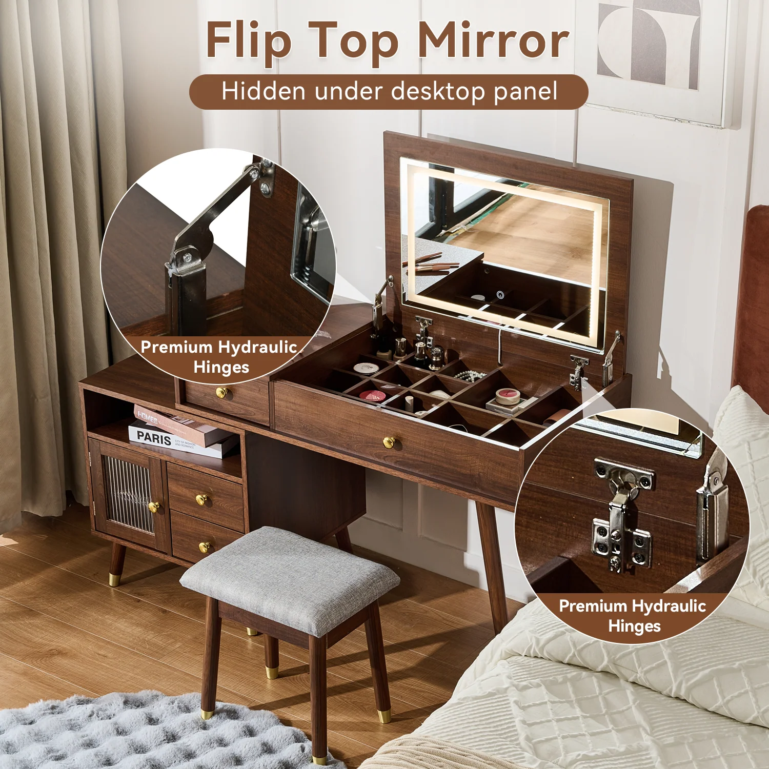 Walker Edison | 3-in-1 Makeup Vanity Desk with Lighted Flip-Top Mirror and Stool