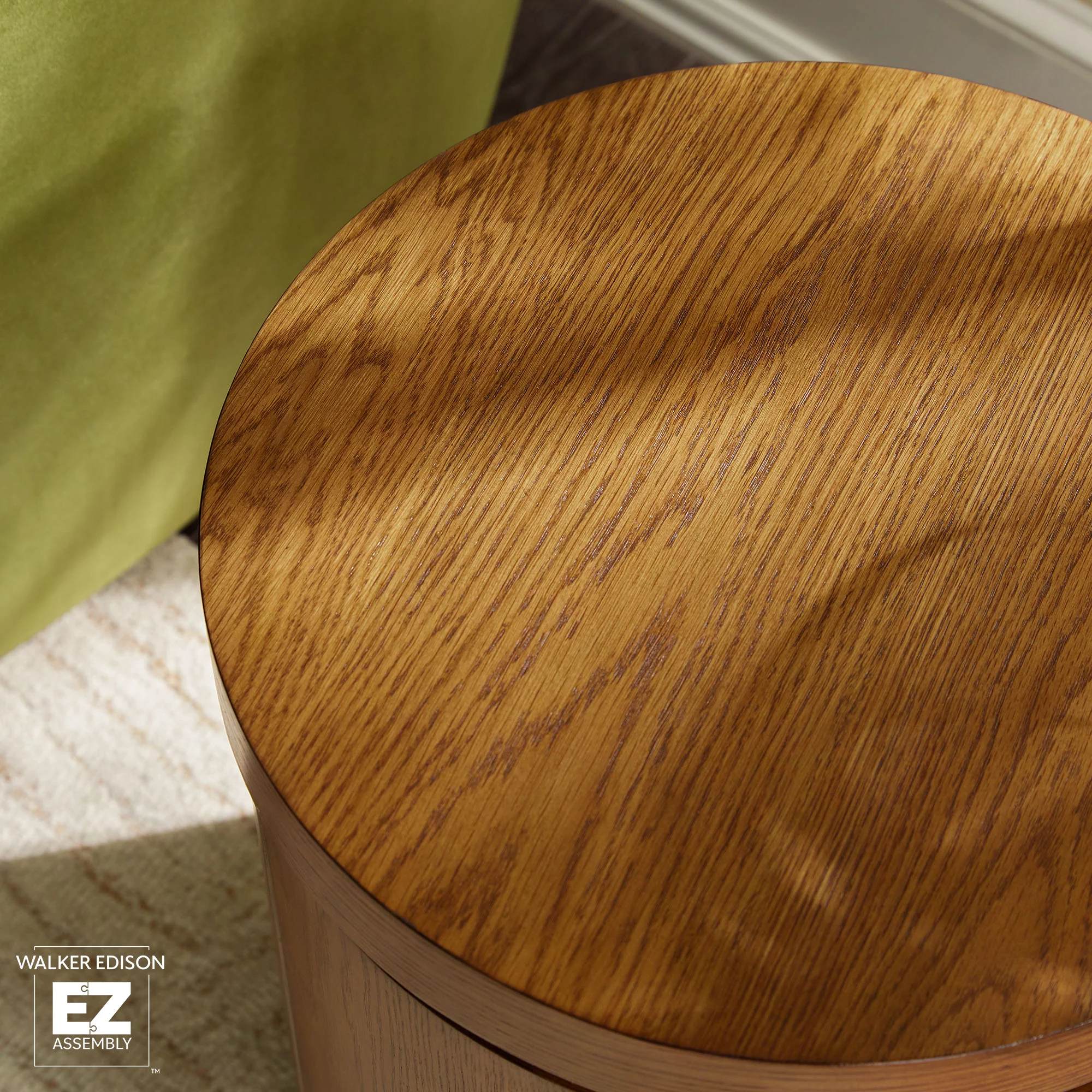 Maya 18 Modern Easy Assembly Round Oak Wood Veneer Side Table with Storage