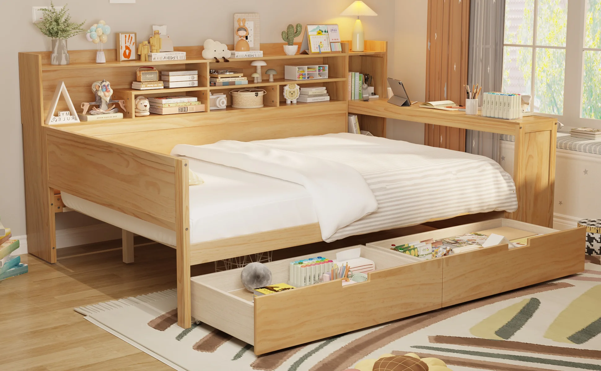 Walker Edison | Multi-functional Wooden Full Size Daybed with Storage Shelves