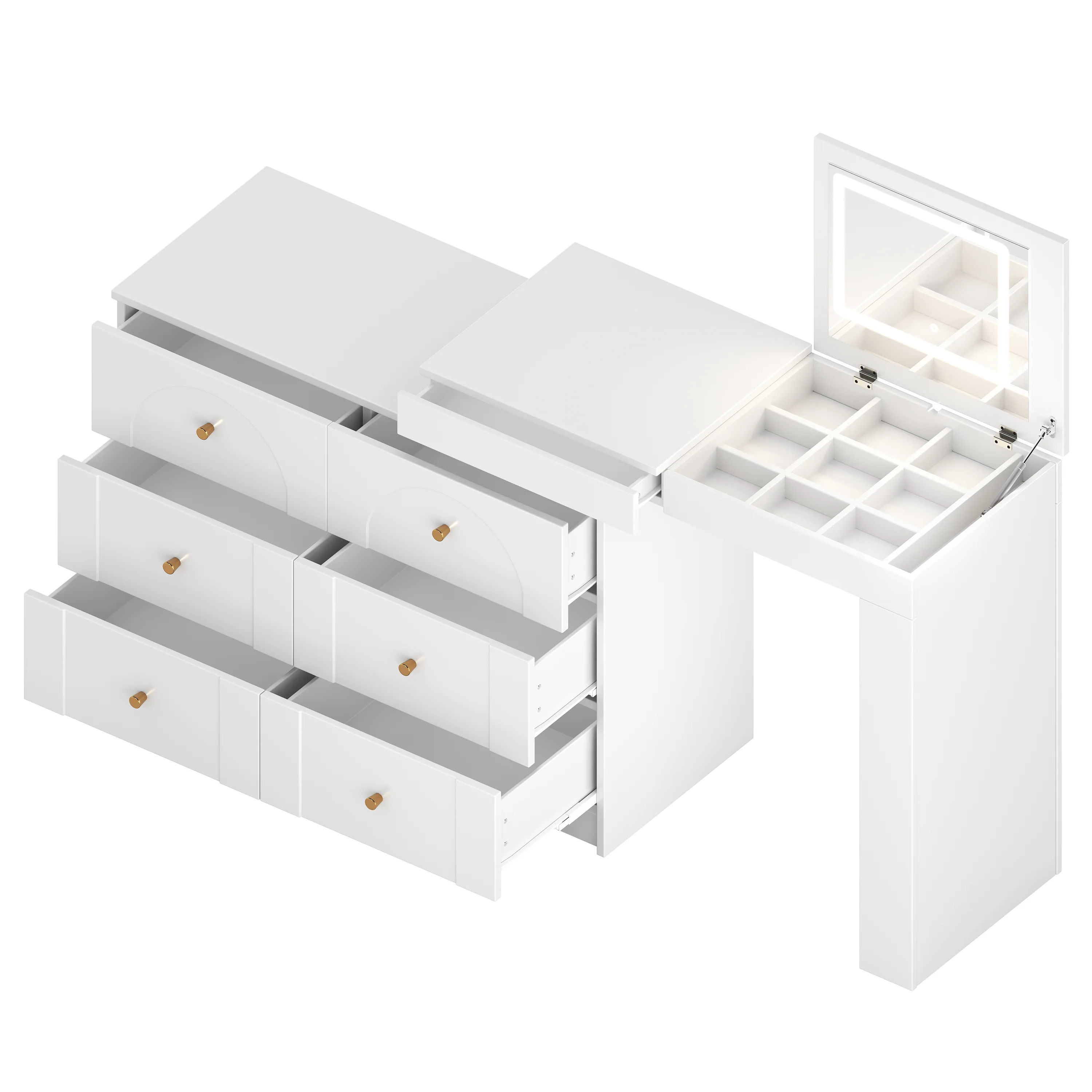 Walker Edison | White Multi-Functional Vanity Desk Dresser Set with Flip Mirror and Lights