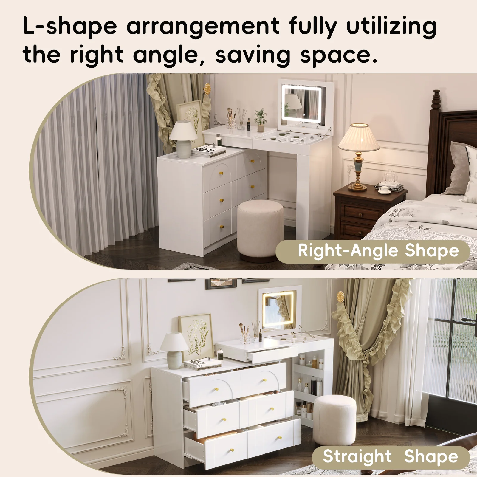 Walker Edison | White Multi-Functional Vanity Desk Dresser Set with Flip Mirror and Lights