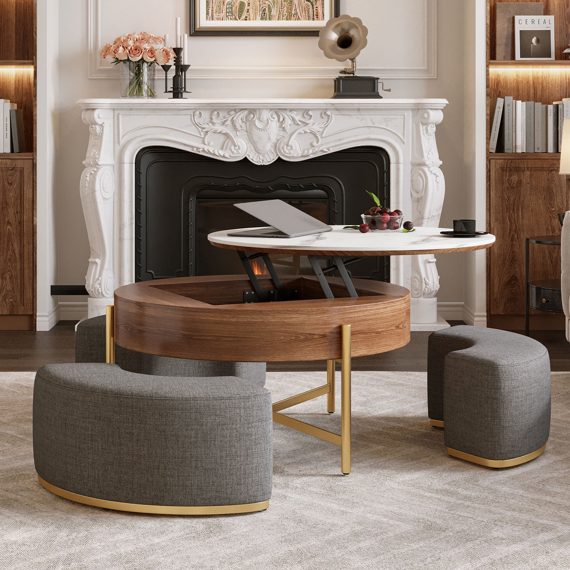 Walker Edison | Modern Lift-Top Round Coffee Table with Storage and Nesting Ottomans