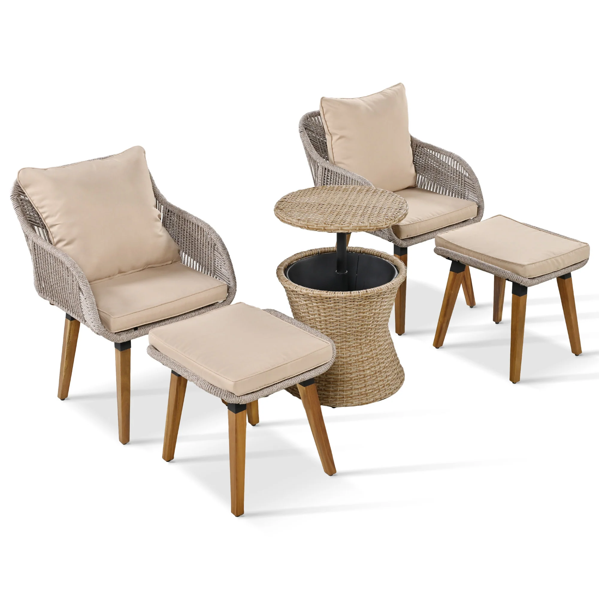Walker Edison | 5 Piece Outdoor Patio Chat Set with Ottomans and Side Table
