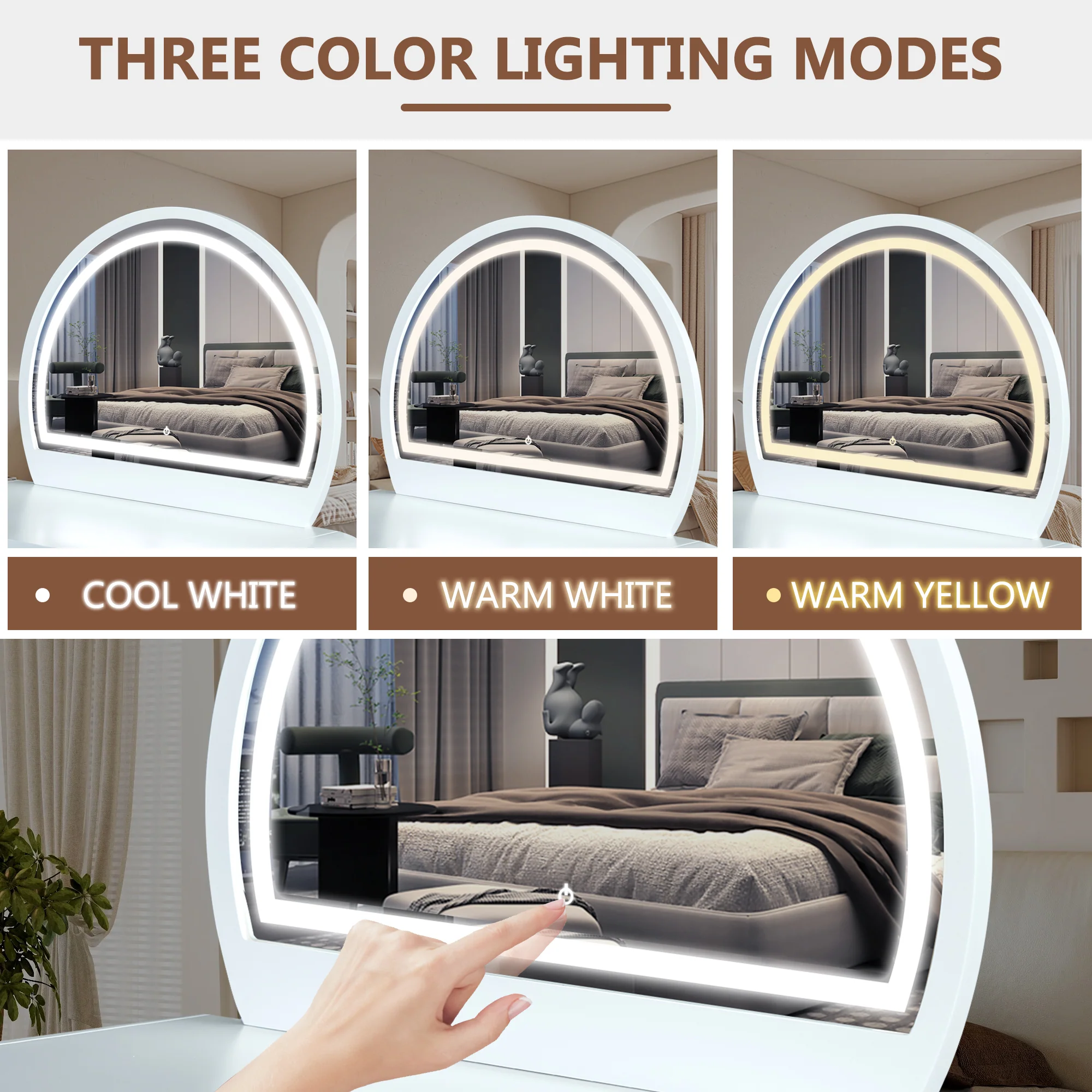 Walker Edison | Curve Reeded Makeup Vanity Table with Mirror Touch Screen Light