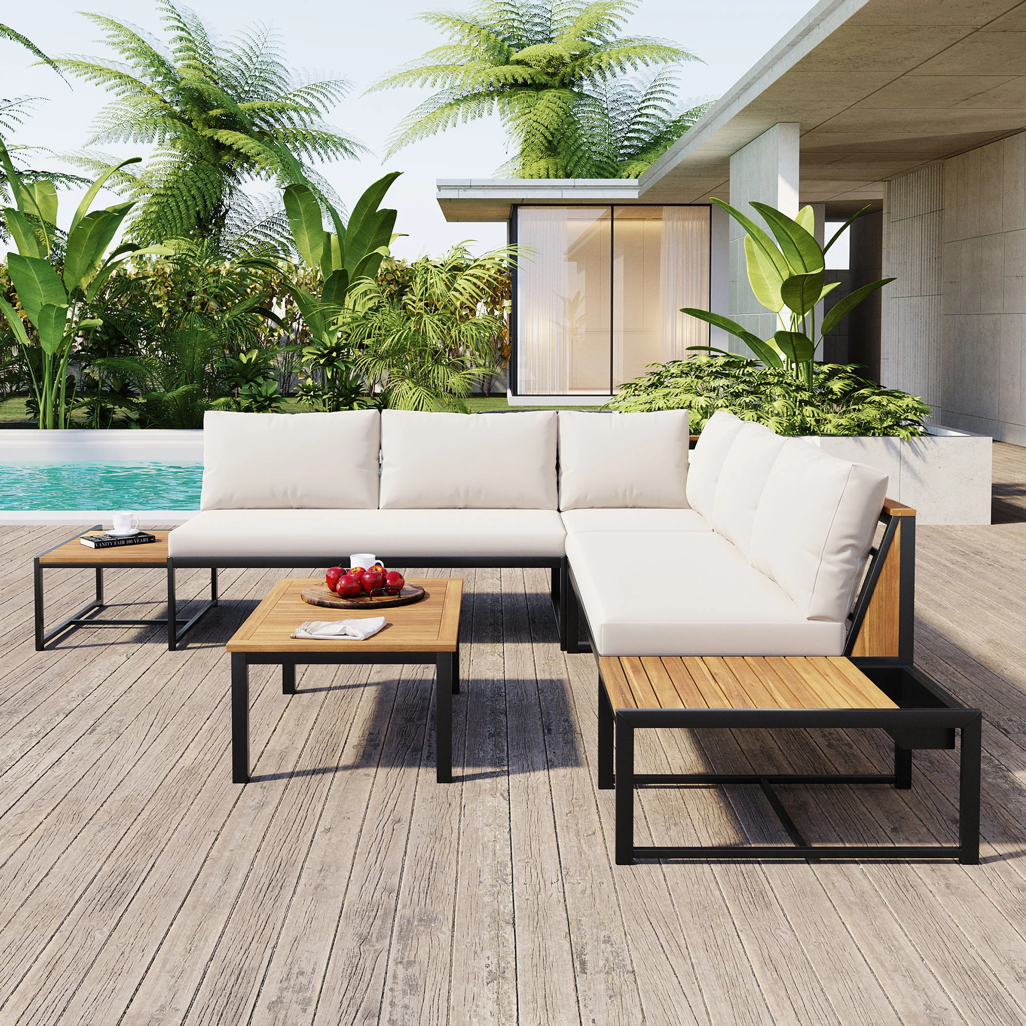 Walker Edison | 4 Pieces Outdoor Patio Sofa Sectional Set with Coffee and Side Tables