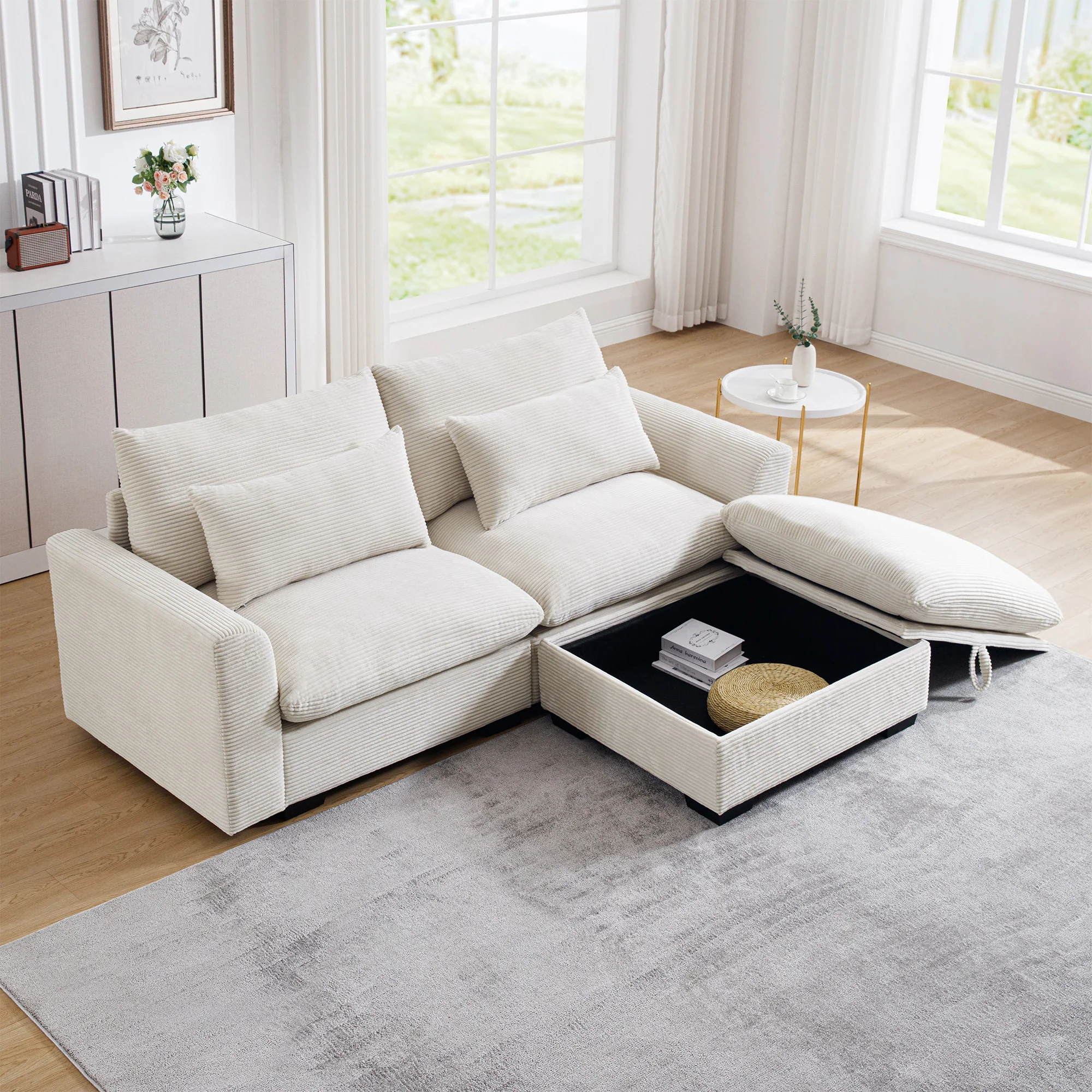 Walker Edison | Beige Corduroy Cloud Modular Loveseat with Storage Ottoman