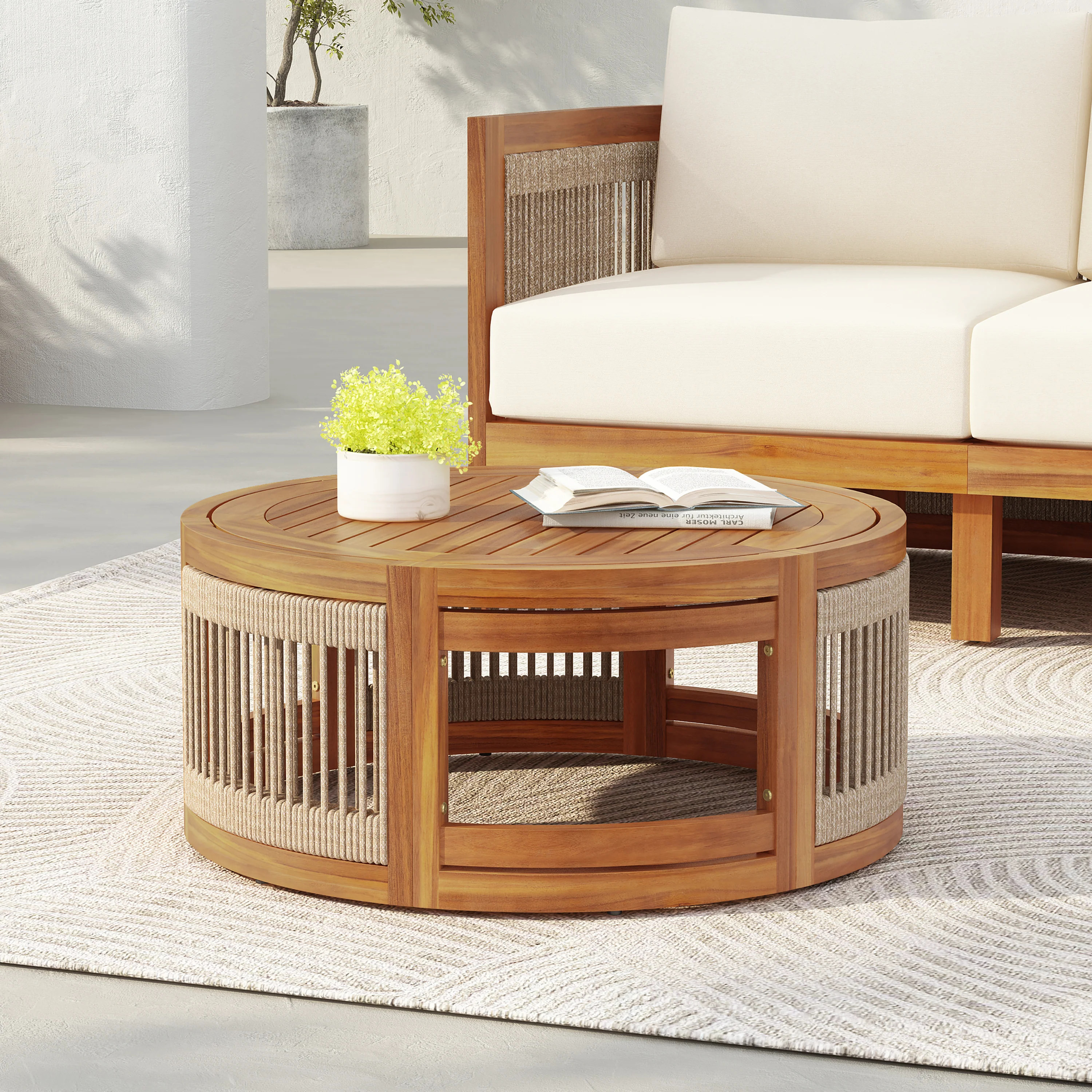 Walker Edison | Handwoven Rope Accent Boho Acacia Wood Outdoor Coffee Table