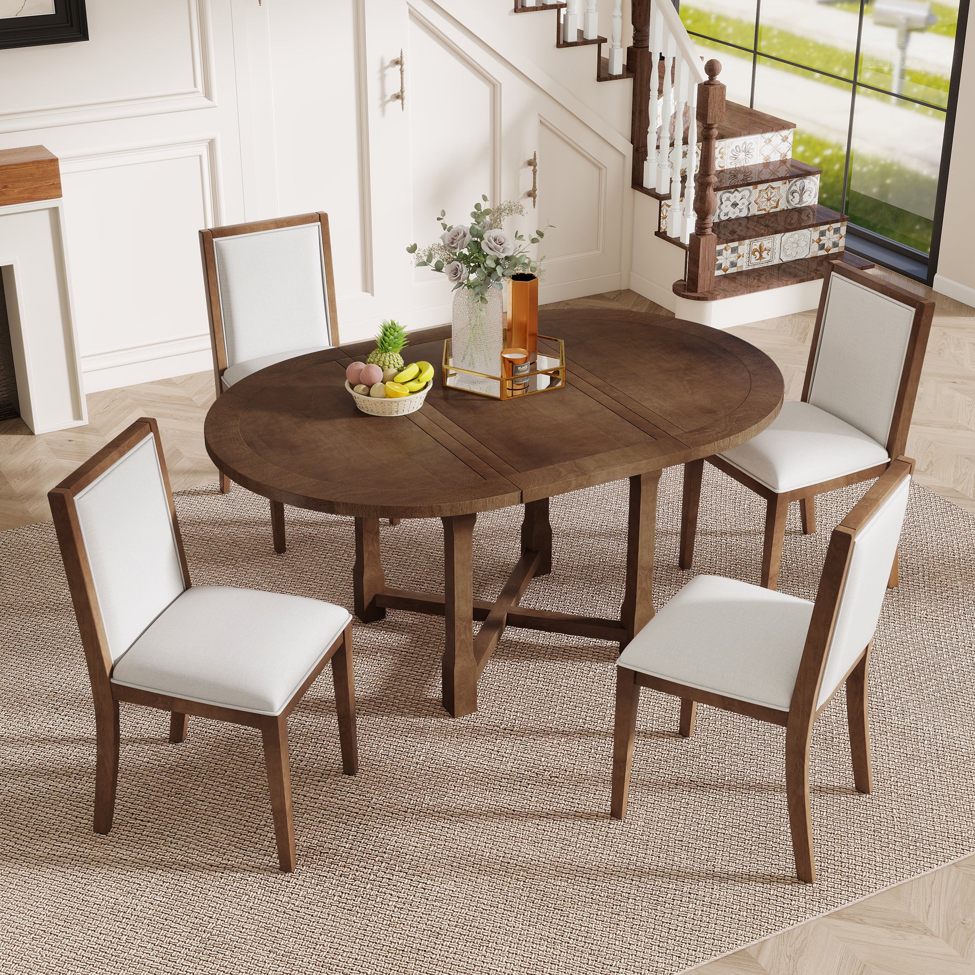 Walker Edison | Farmhouse Kitchen 5-Piece Extendable Dining Table Set for 4 with Upholstered Chair