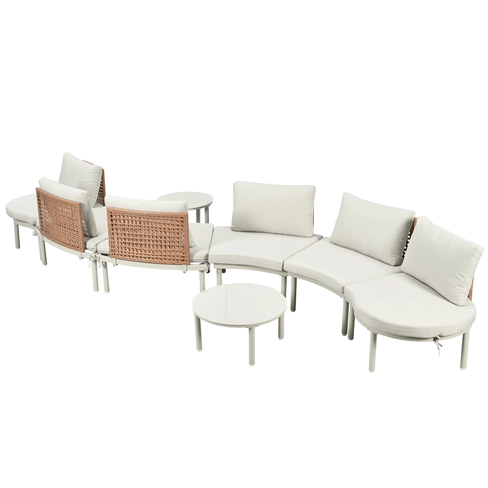 Walker Edison | Minimalist Half Moon Outdoor 8-Piece Modular Sofa Set with Nesting Tables