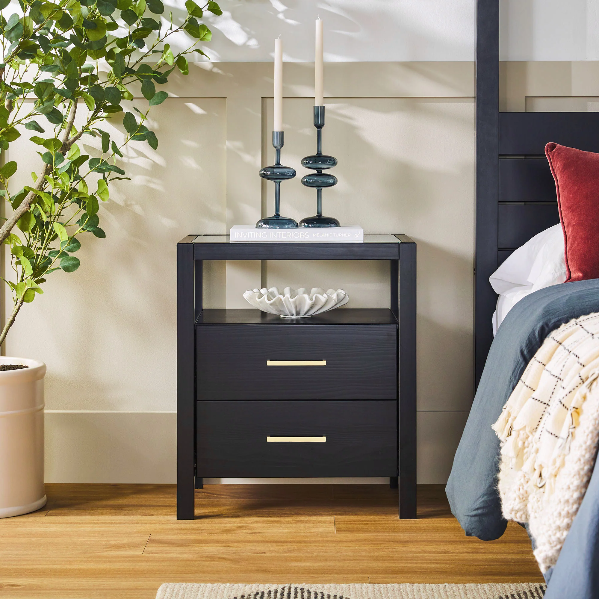 Isla Modern Easy Assembly Solid Wood 2-Drawer Nightstand Side Table with Glass Top