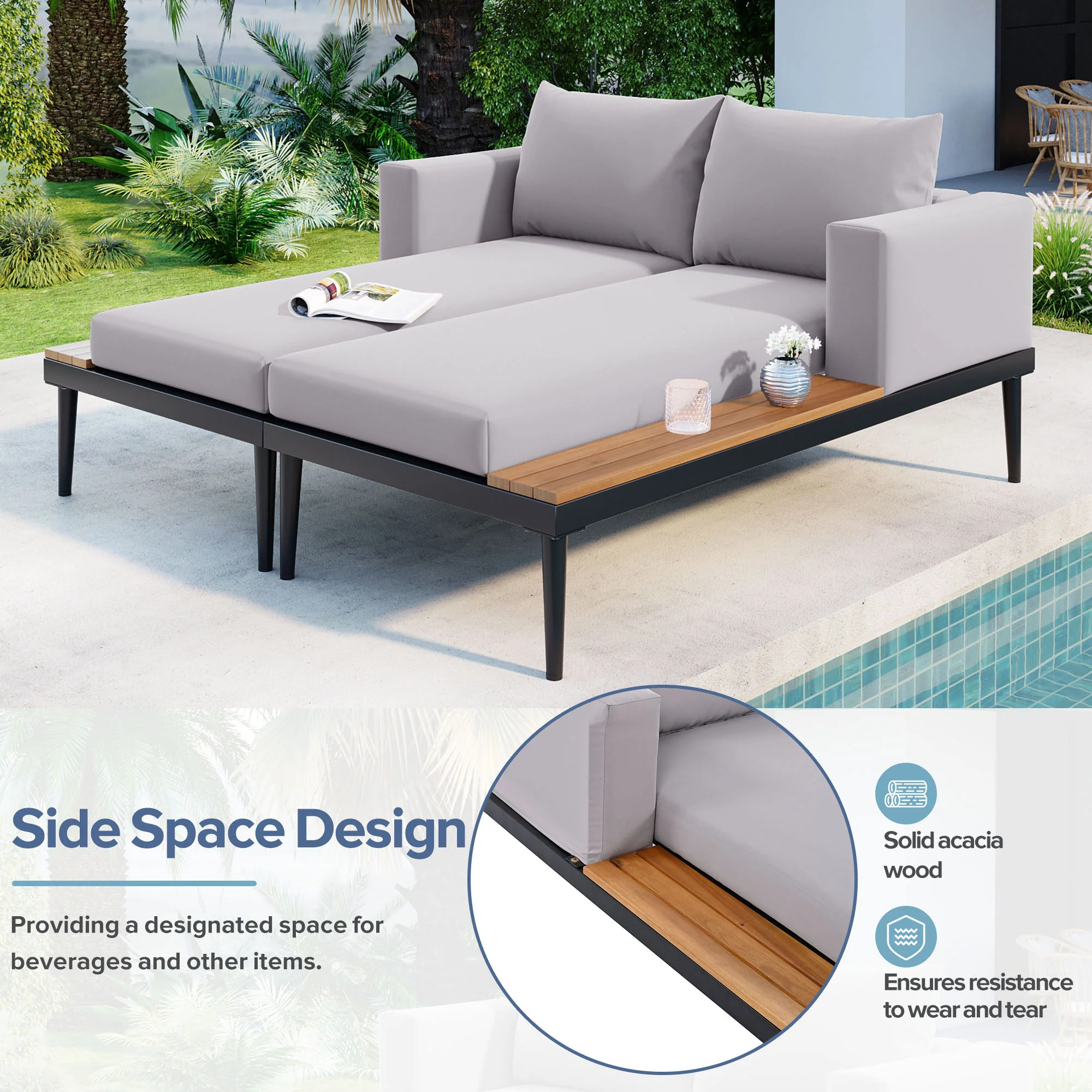 Walker Edison | Modern Outdoor Patio Daybed with Wood Topped Side Tables