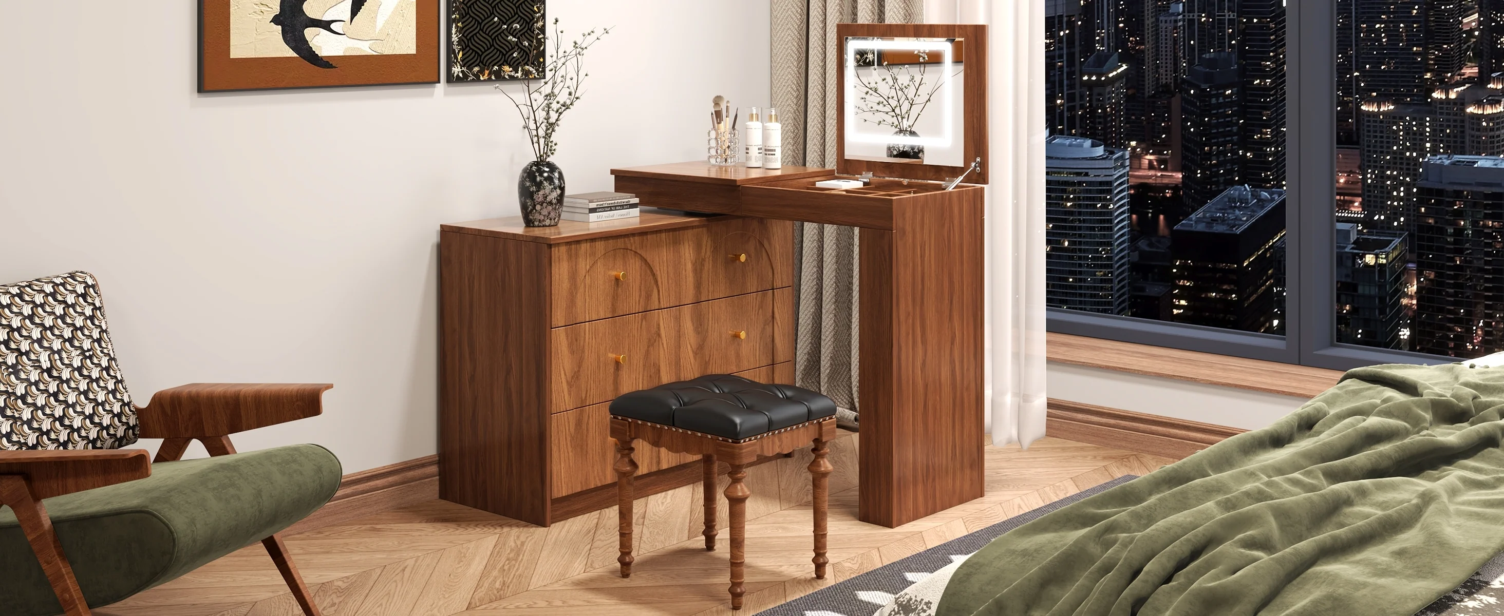 Walker Edison | Multi-Functional Vanity Desk/Dresser Set with Flip-Top Mirror and Lights