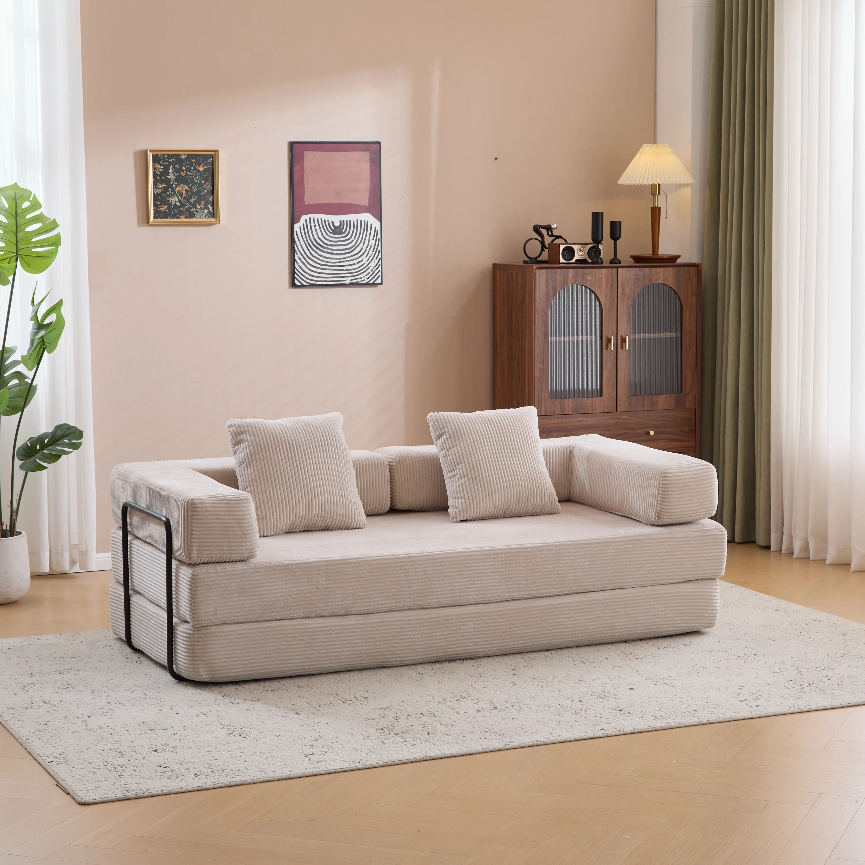 Walker Edison | Futon Corduroy Floor Sofa Bed with Pillows