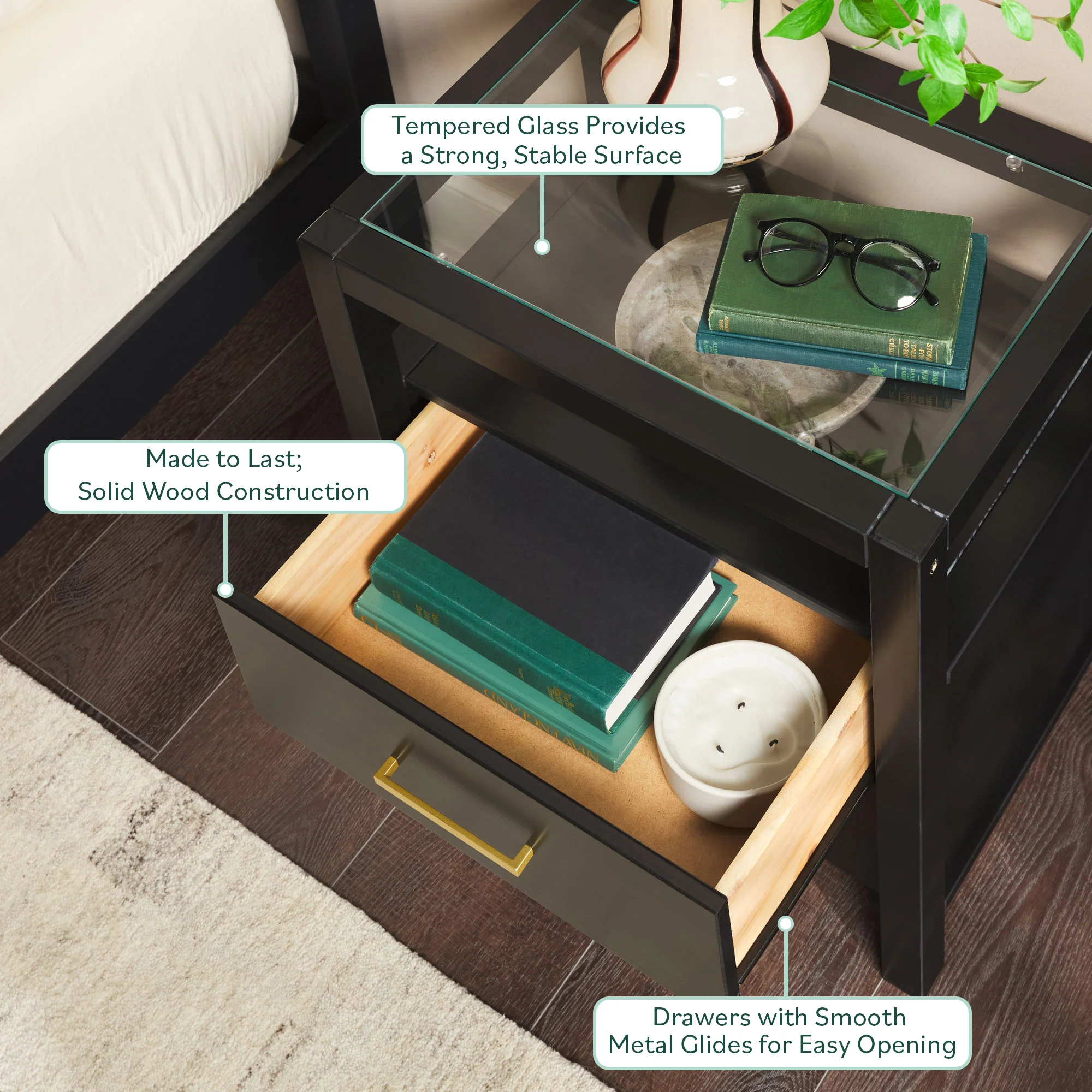 Isla Modern Easy Assembly Solid Wood 2-Drawer Nightstand Side Table with Glass Top