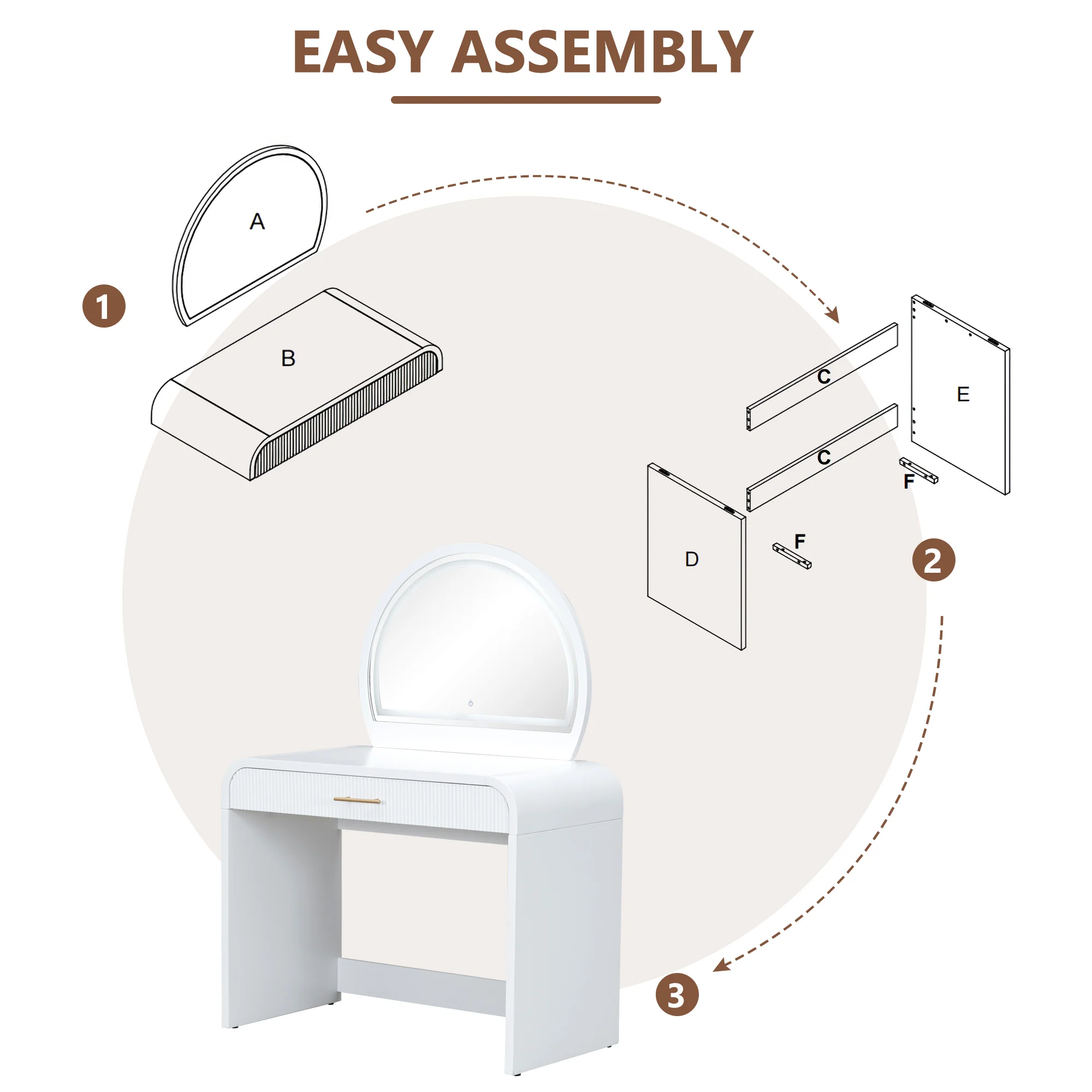 Walker Edison | Curve Reeded Makeup Vanity Table with Mirror Touch Screen Light