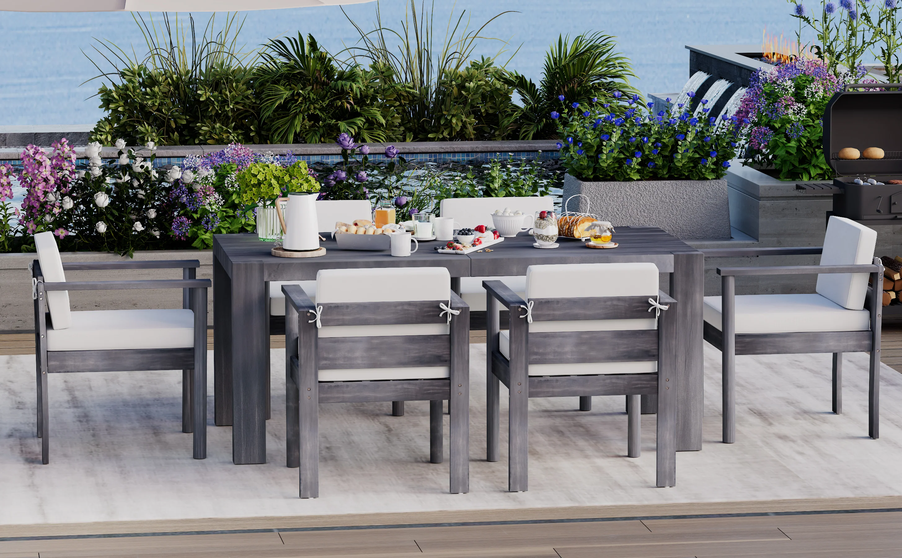 Walker Edison | Grey Wood Outdoor 7-Piece Patio Dining Table Set for 6