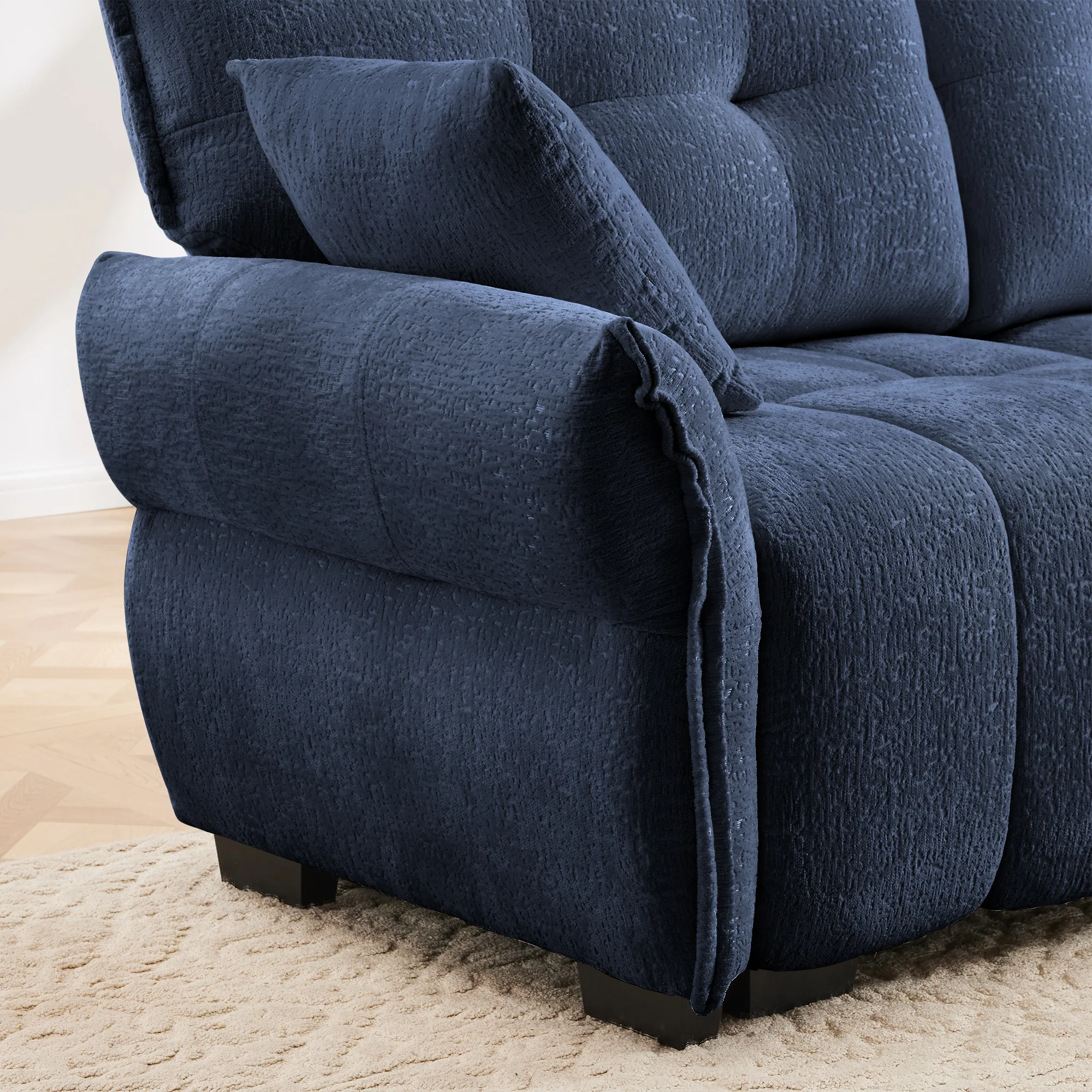 Walker Edison | Elegant Tufted Textured Chenille Blue Sofa Set with Ottoman and Pillows